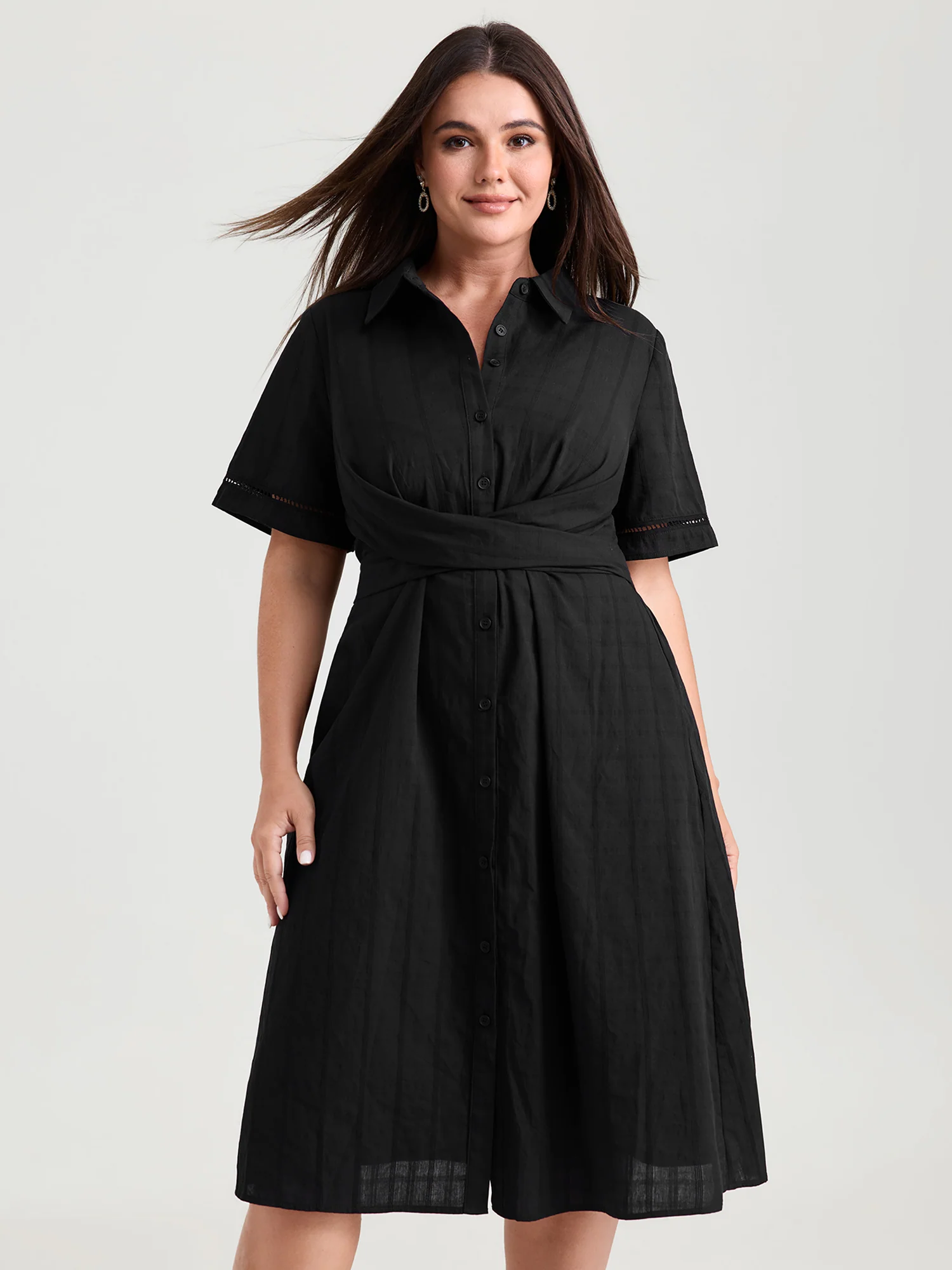 Pure Cotton Textured Overlap Waist Midi Dress