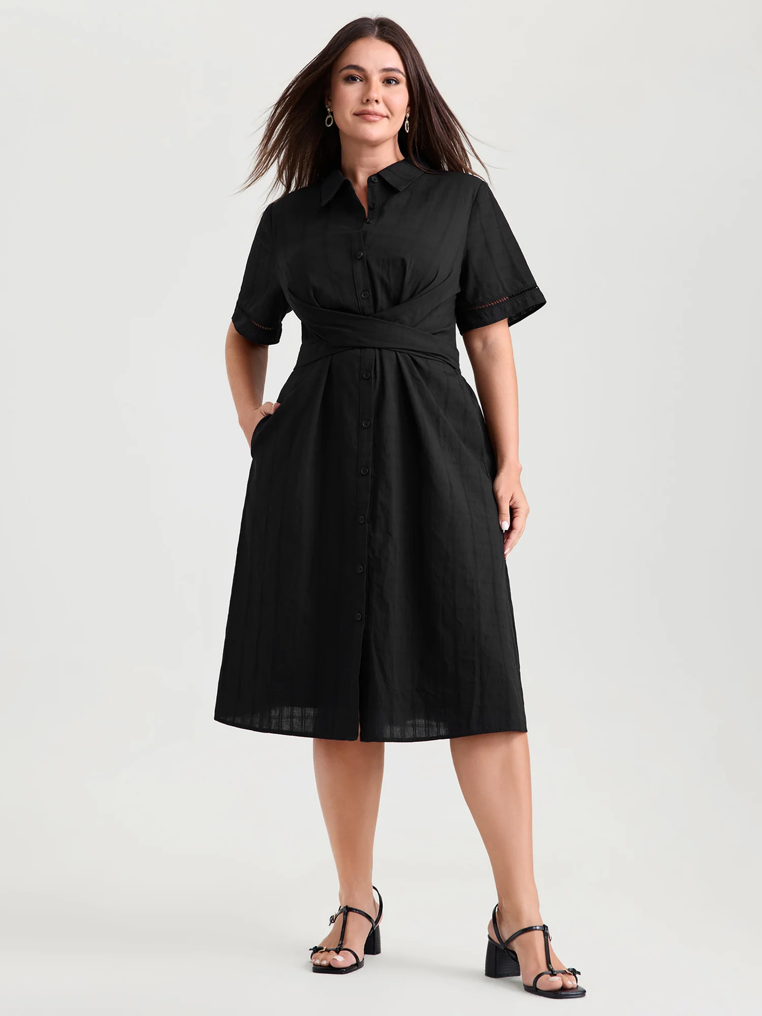 Pure Cotton Textured Overlap Waist Midi Dress - Image 3