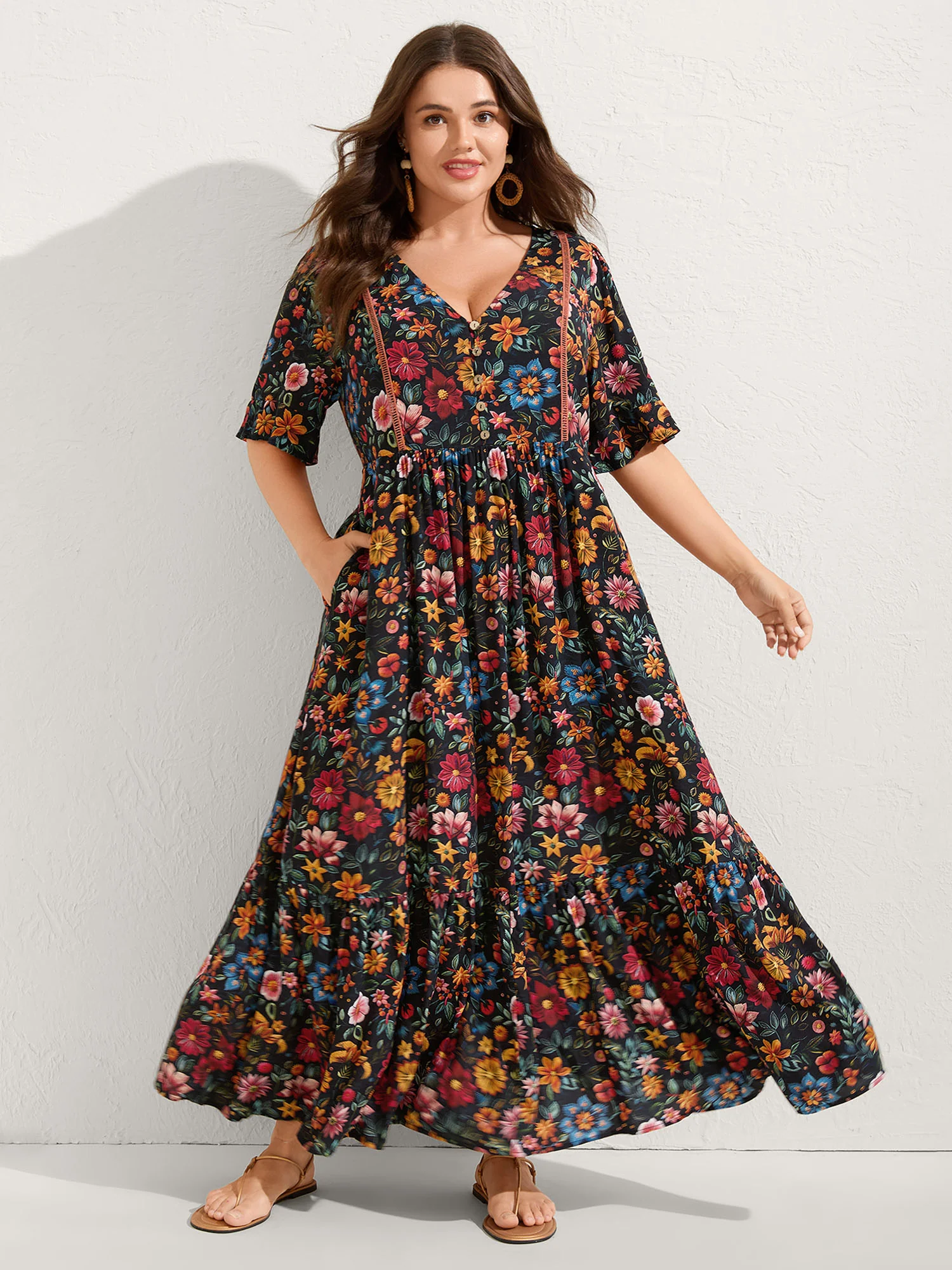 Rayon Floral Lace Trim Button Maxi Dress - Image 3