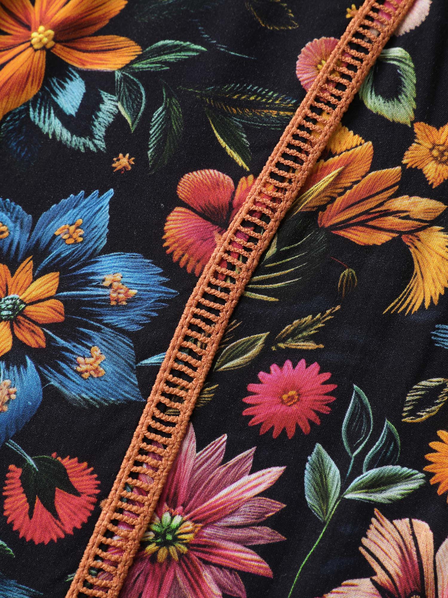Rayon Floral Lace Trim Button Maxi Dress - Image 5
