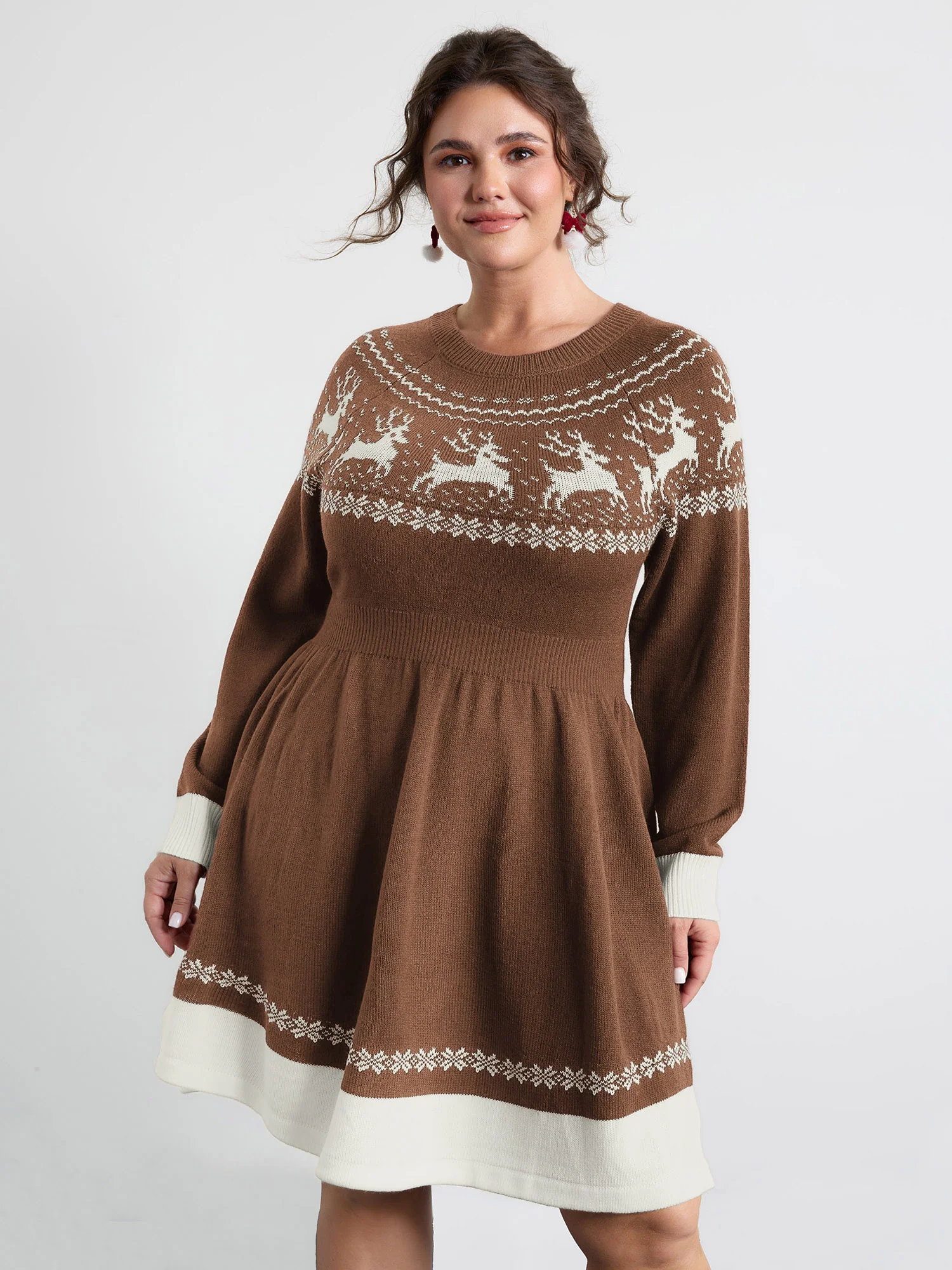 Reindeer Print Cinched-Waist Sweater Mini Dress - Image 5