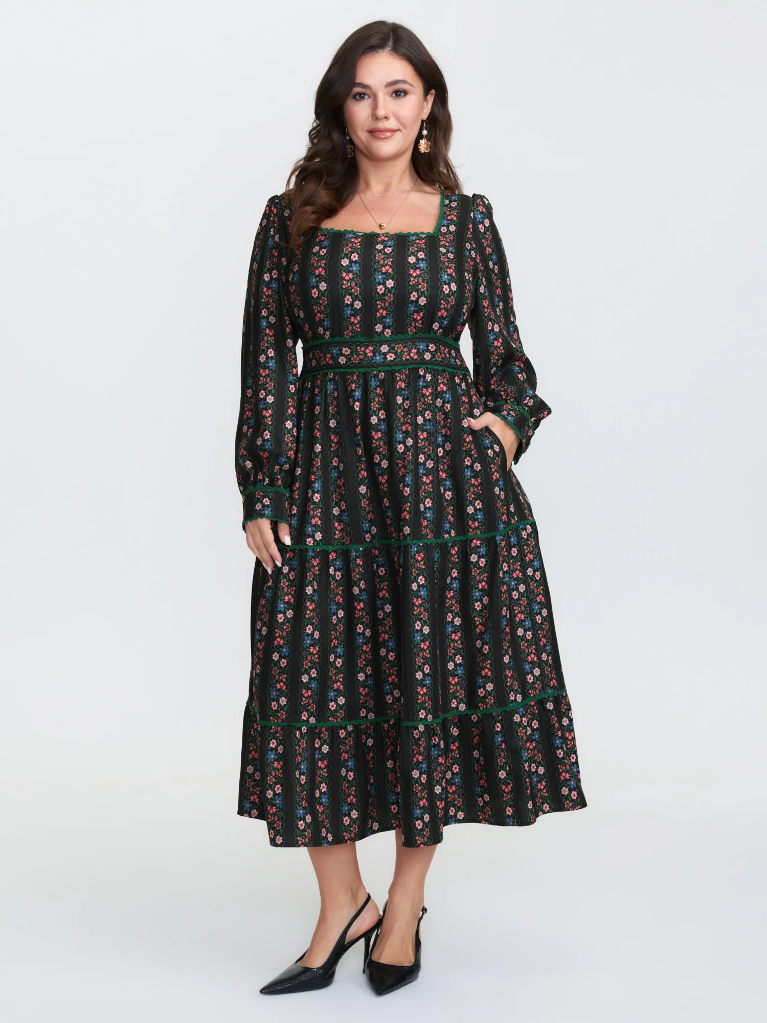 Retro Floral Stripe Tiered Midi Dress - Image 2