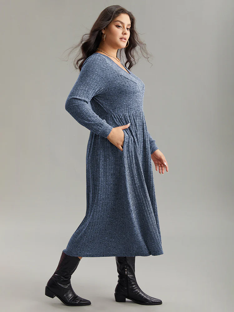 Rib Knit Plain Plisse Long Sleeve Dress - Image 10
