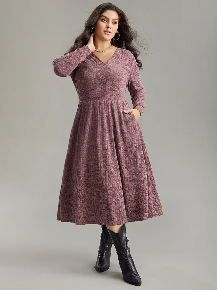 Rib Knit Plain Plisse Long Sleeve Dress - Image 11