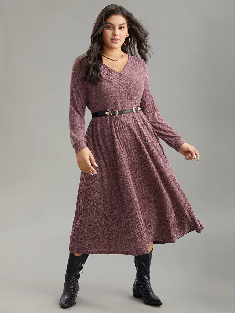 Rib Knit Plain Plisse Long Sleeve Dress - Image 12
