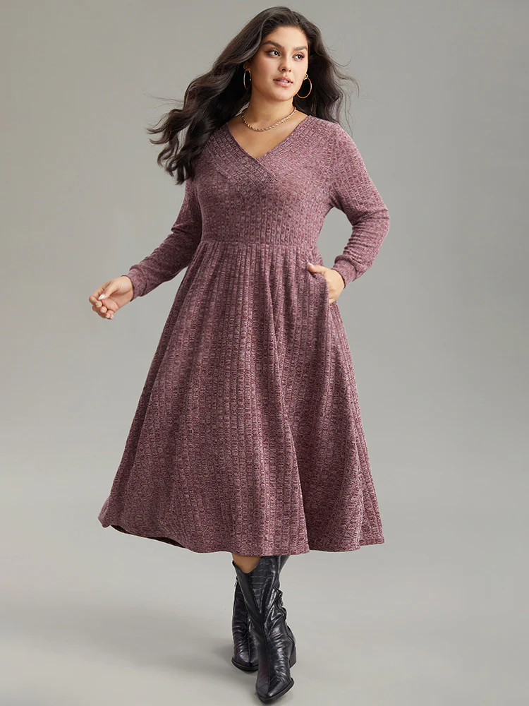 Rib Knit Plain Plisse Long Sleeve Dress - Image 13