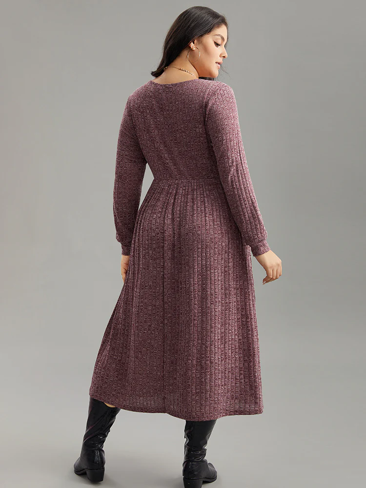 Rib Knit Plain Plisse Long Sleeve Dress - Image 14