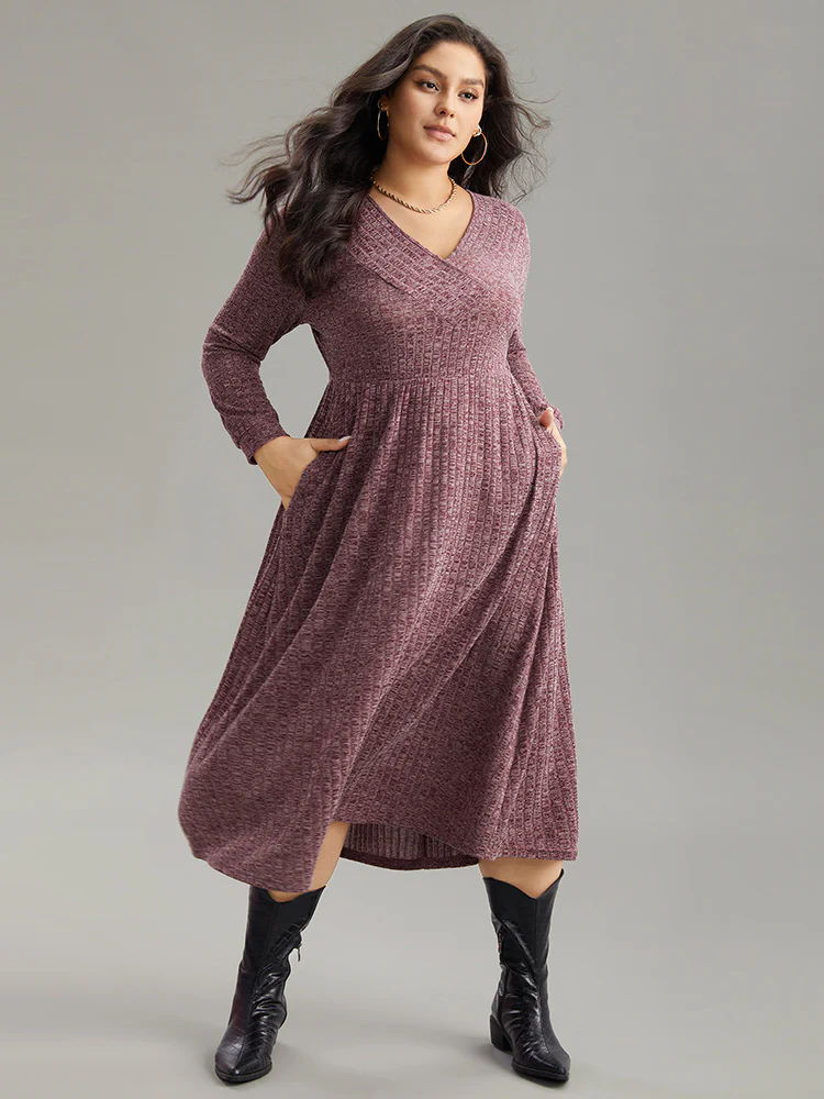 Rib Knit Plain Plisse Long Sleeve Dress - Image 15