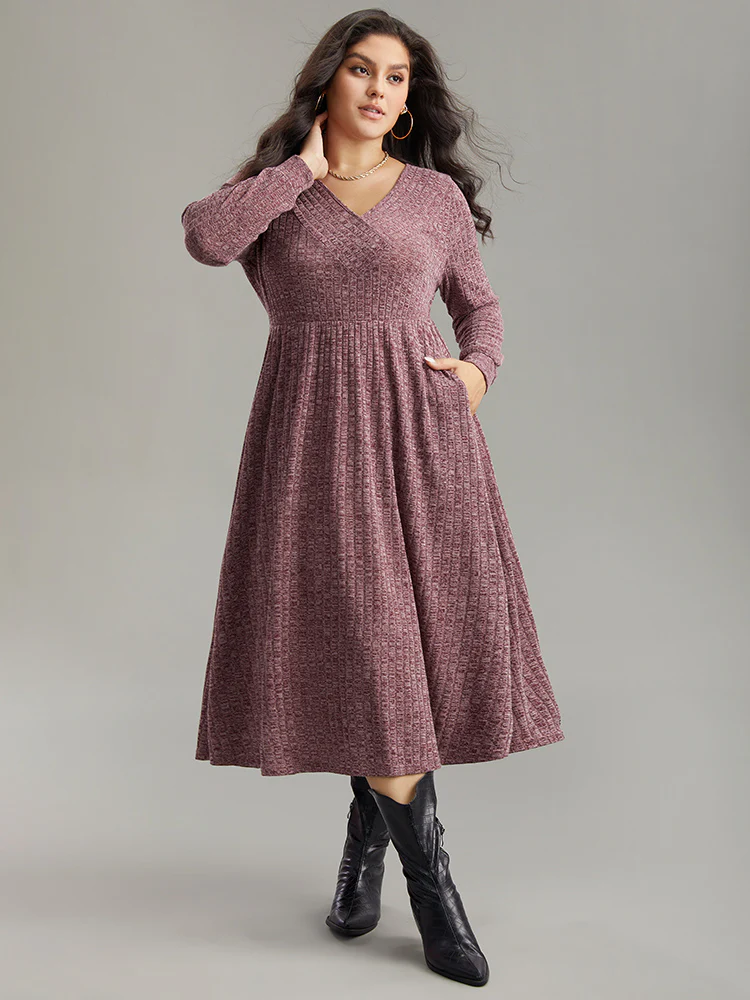 Rib Knit Plain Plisse Long Sleeve Dress - Image 16