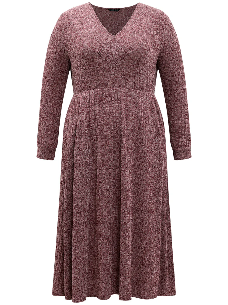 Rib Knit Plain Plisse Long Sleeve Dress - Image 19