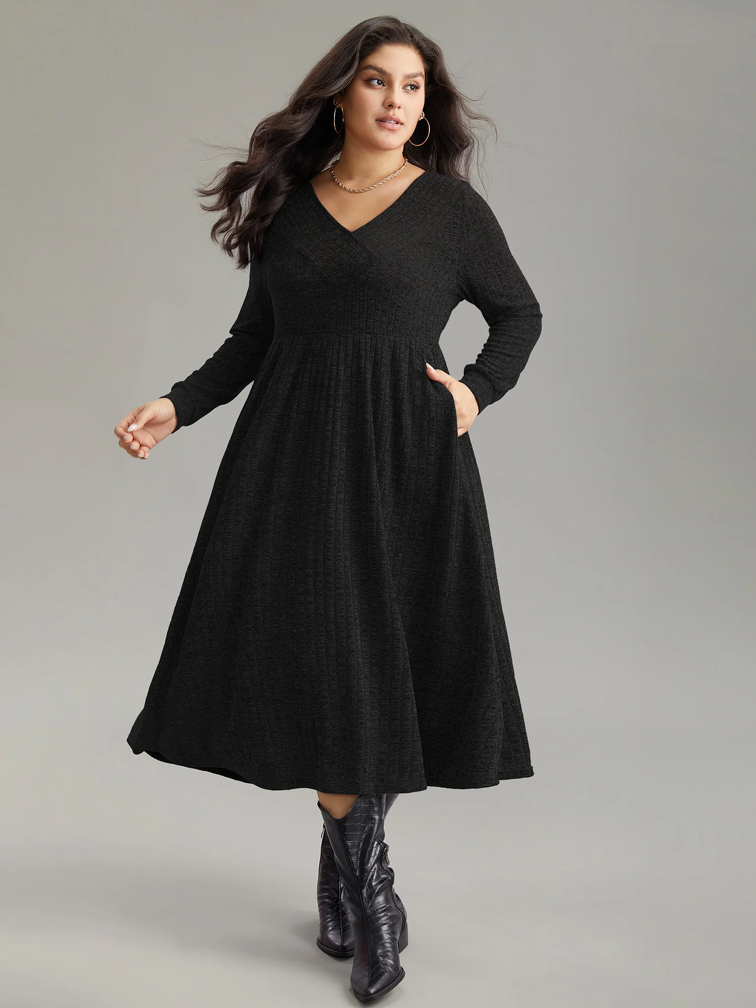 Rib Knit Plain Plisse Long Sleeve Dress - Image 20