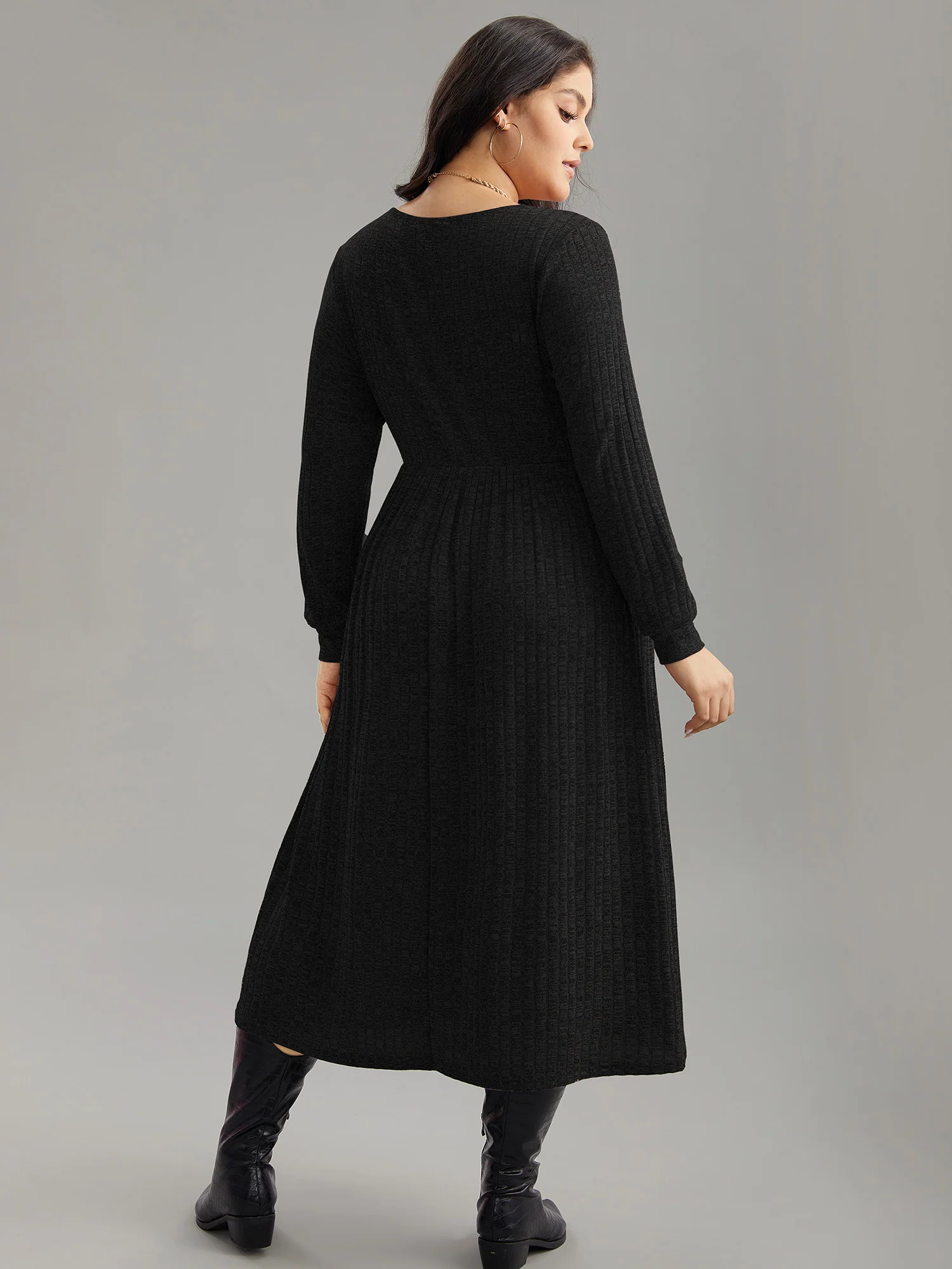 Rib Knit Plain Plisse Long Sleeve Dress - Image 21