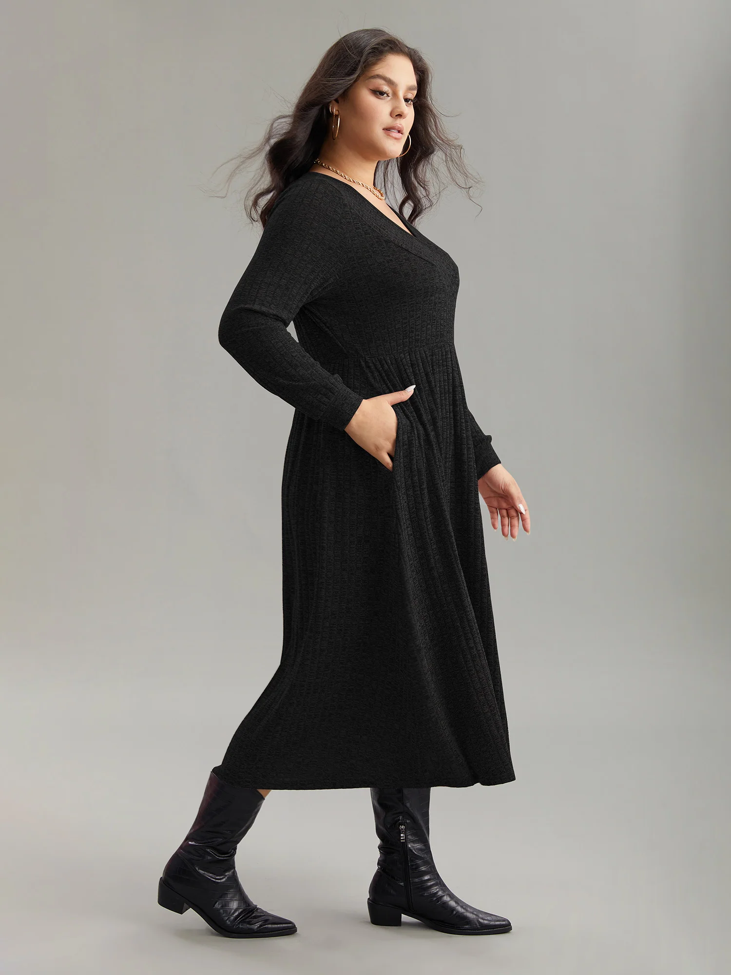 Rib Knit Plain Plisse Long Sleeve Dress - Image 23