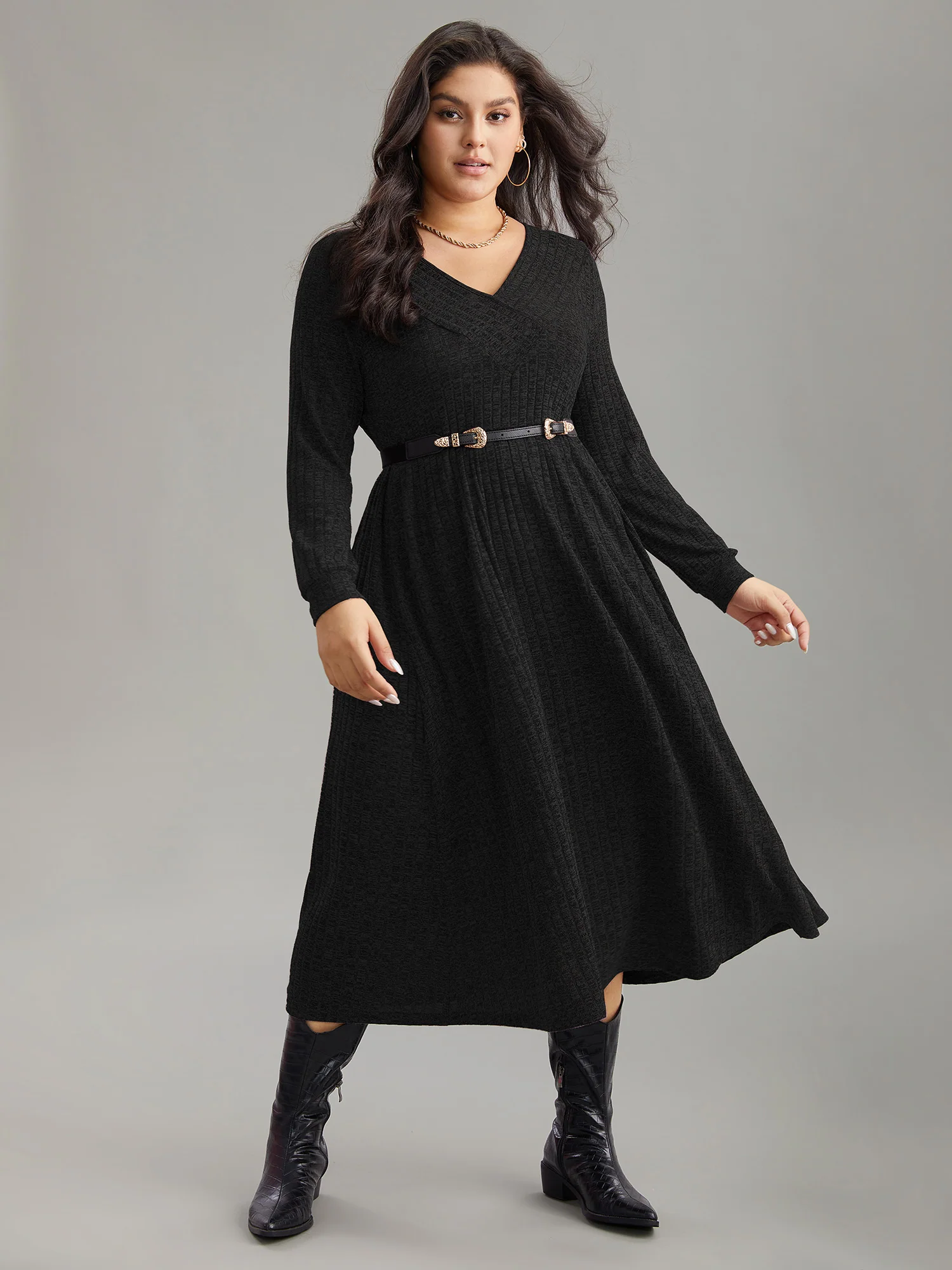 Rib Knit Plain Plisse Long Sleeve Dress - Image 24