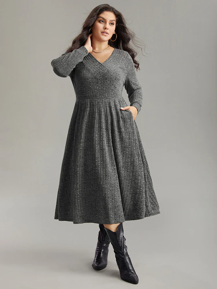Rib Knit Plain Plisse Long Sleeve Dress - Image 25