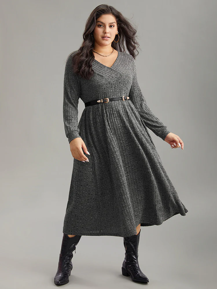Rib Knit Plain Plisse Long Sleeve Dress - Image 26