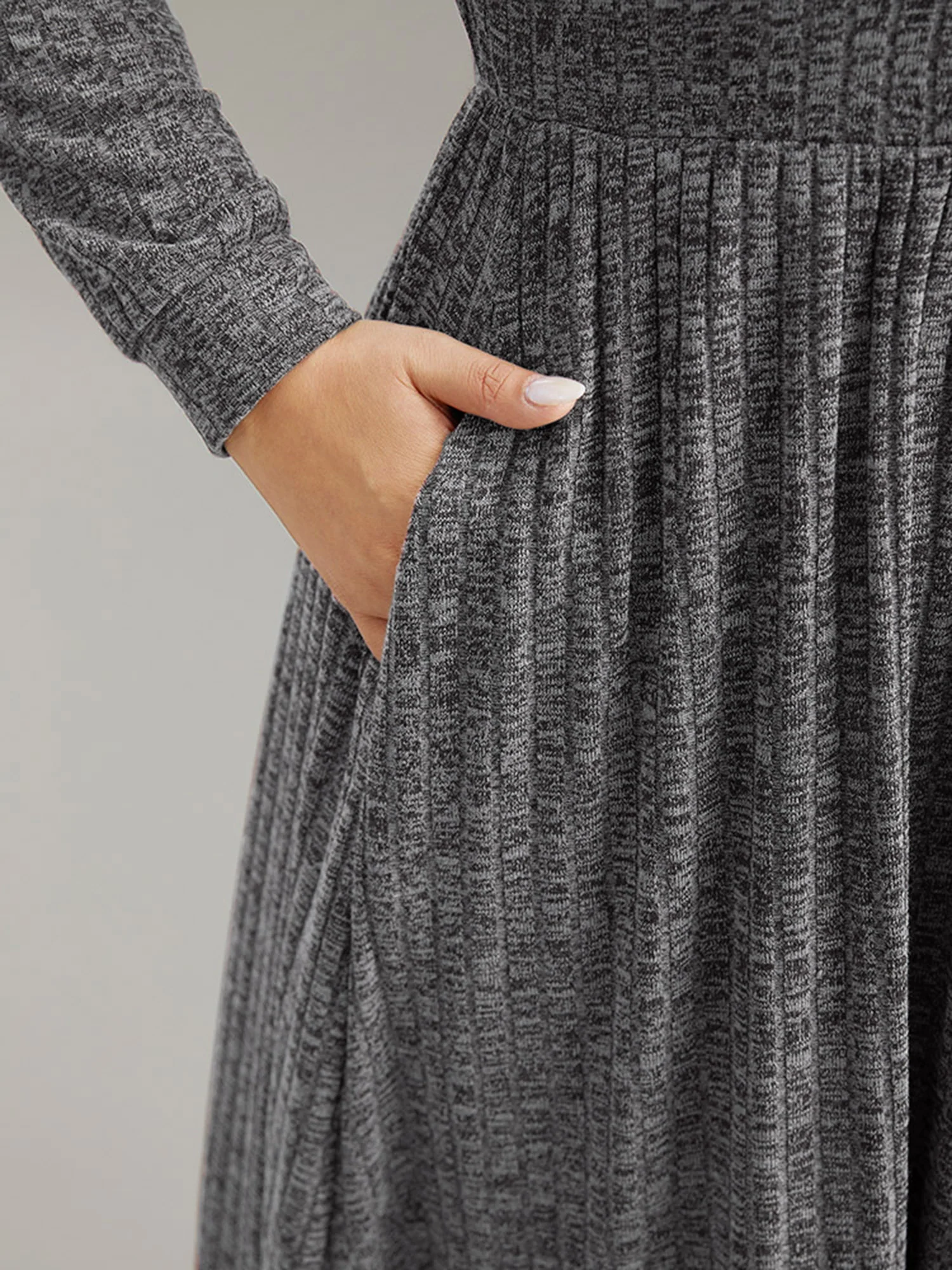 Rib Knit Plain Plisse Long Sleeve Dress - Image 27
