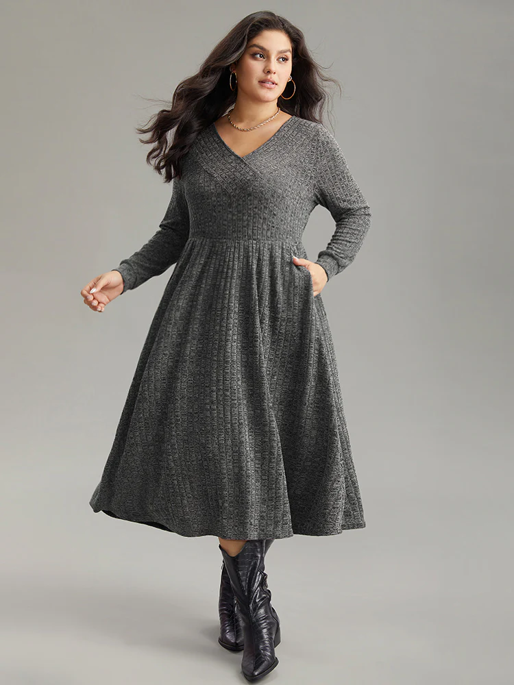 Rib Knit Plain Plisse Long Sleeve Dress - Image 28