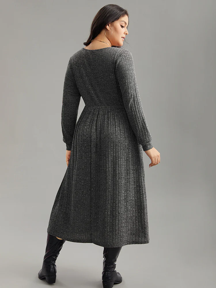 Rib Knit Plain Plisse Long Sleeve Dress - Image 29