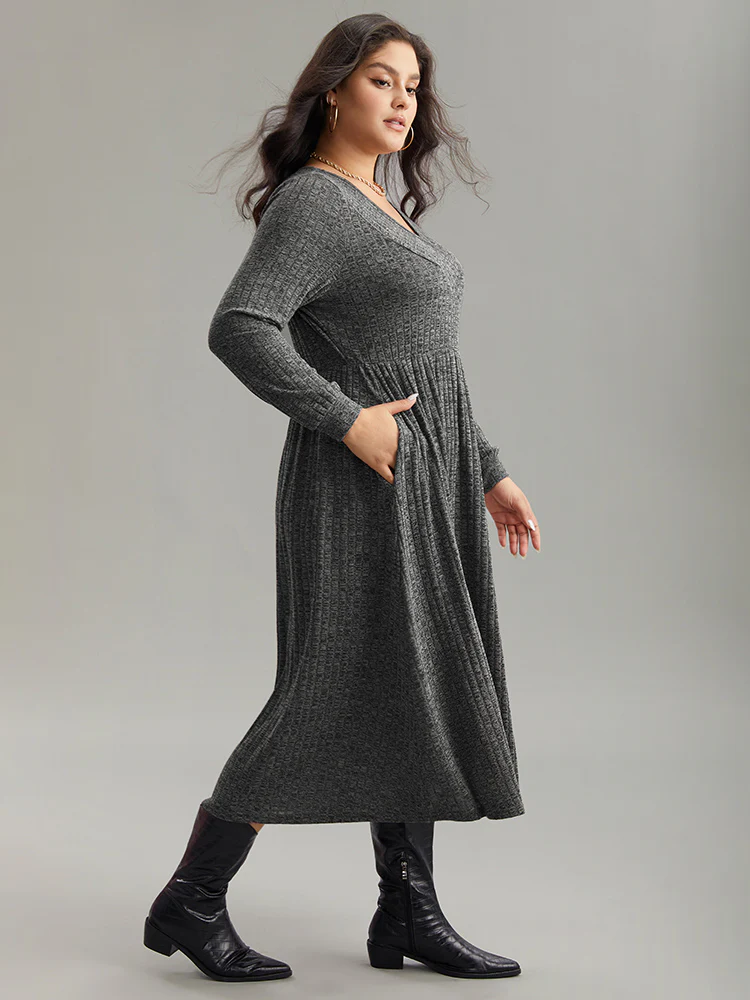 Rib Knit Plain Plisse Long Sleeve Dress - Image 30