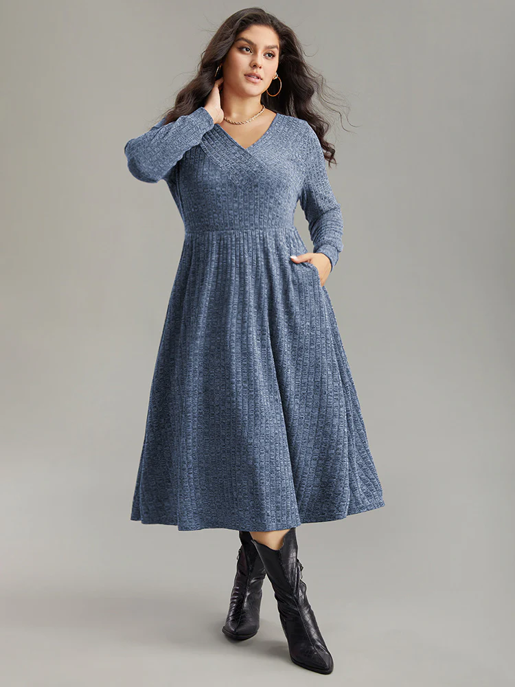Rib Knit Plain Plisse Long Sleeve Dress - Image 6