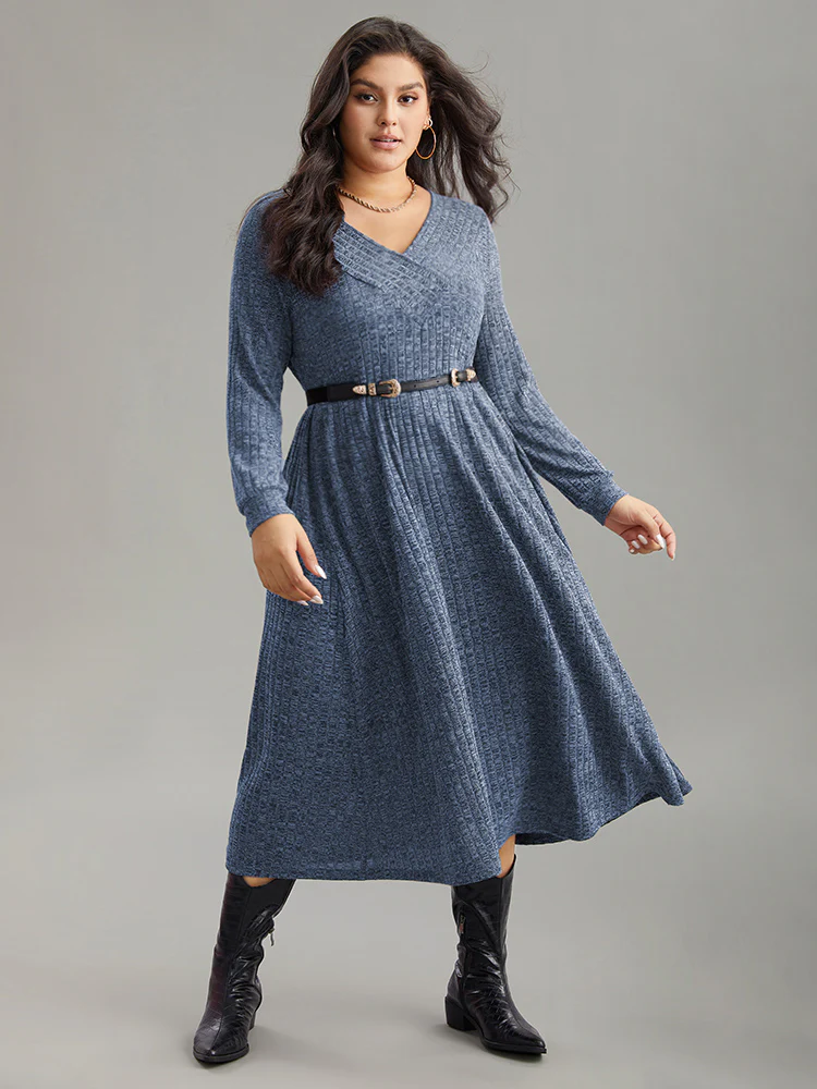 Rib Knit Plain Plisse Long Sleeve Dress - Image 7
