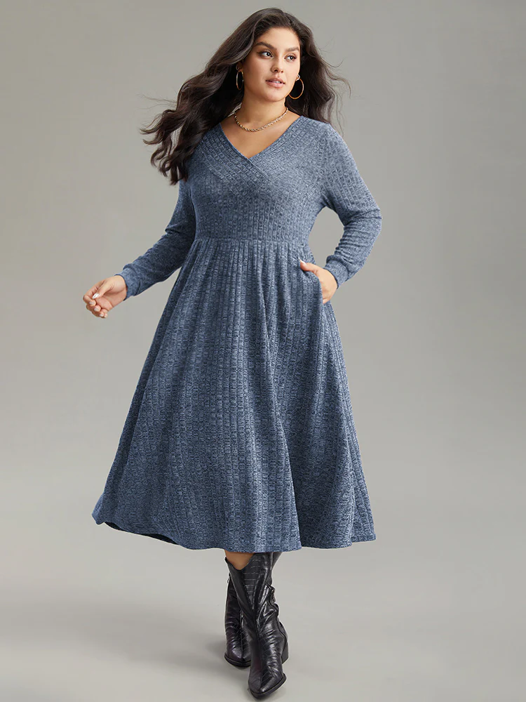 Rib Knit Plain Plisse Long Sleeve Dress - Image 8