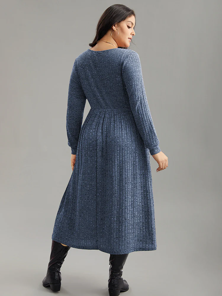 Rib Knit Plain Plisse Long Sleeve Dress - Image 9