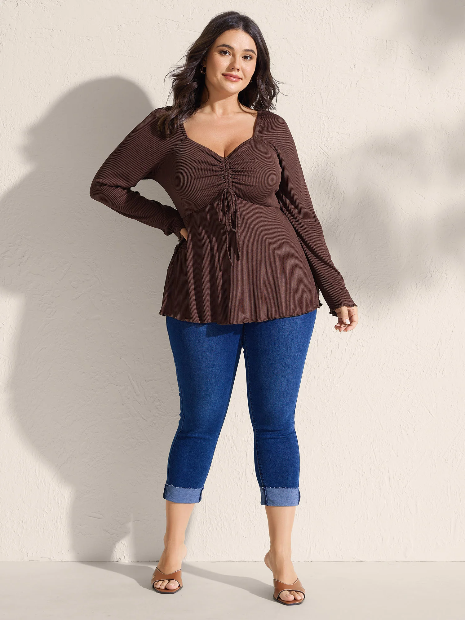 Ribbed Adjustable Drawstring Bodice Flared T-Shirt - Image 7