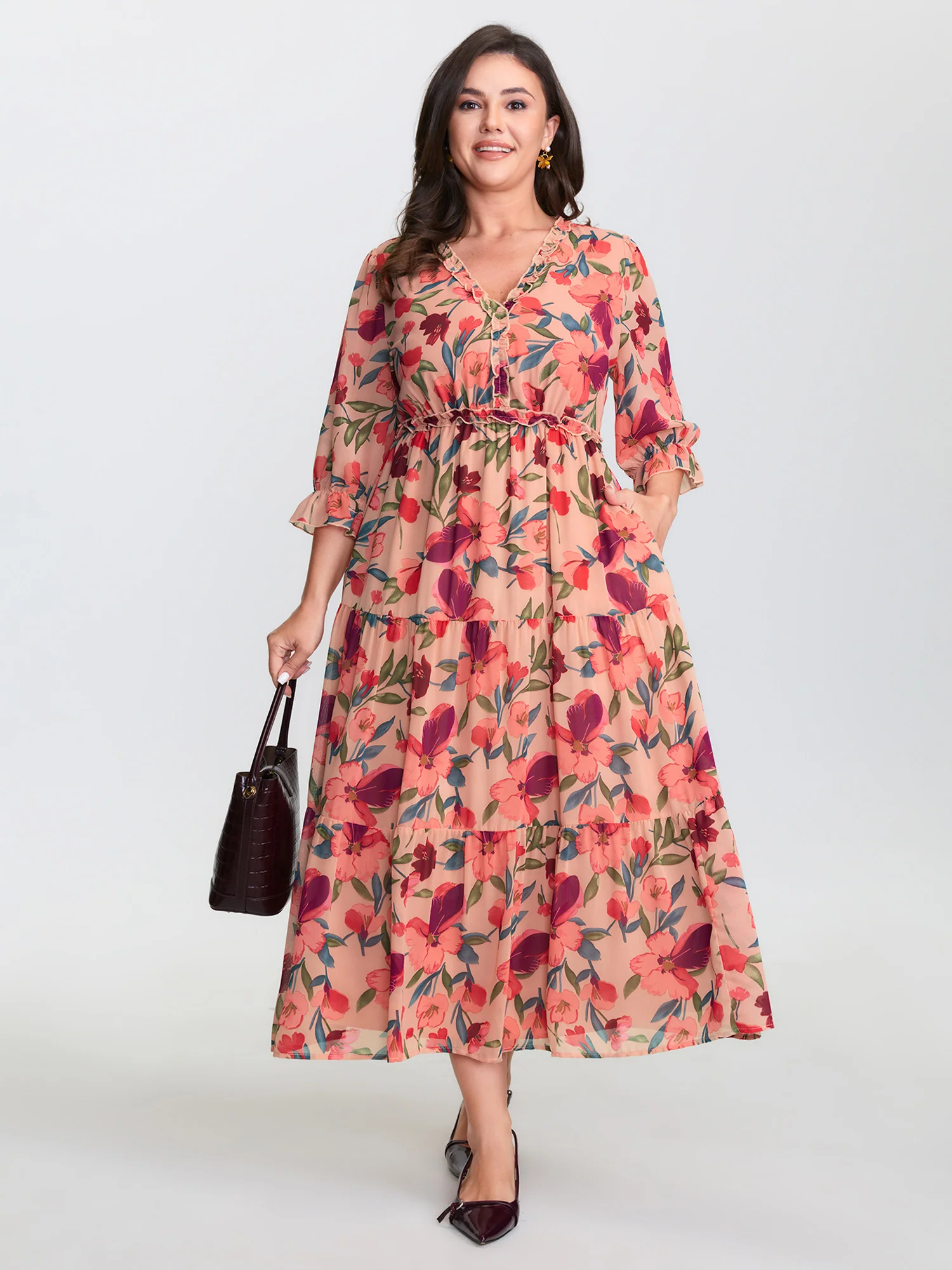Romantic Floral Print Ruffled Edge Maxi Dress - Image 3