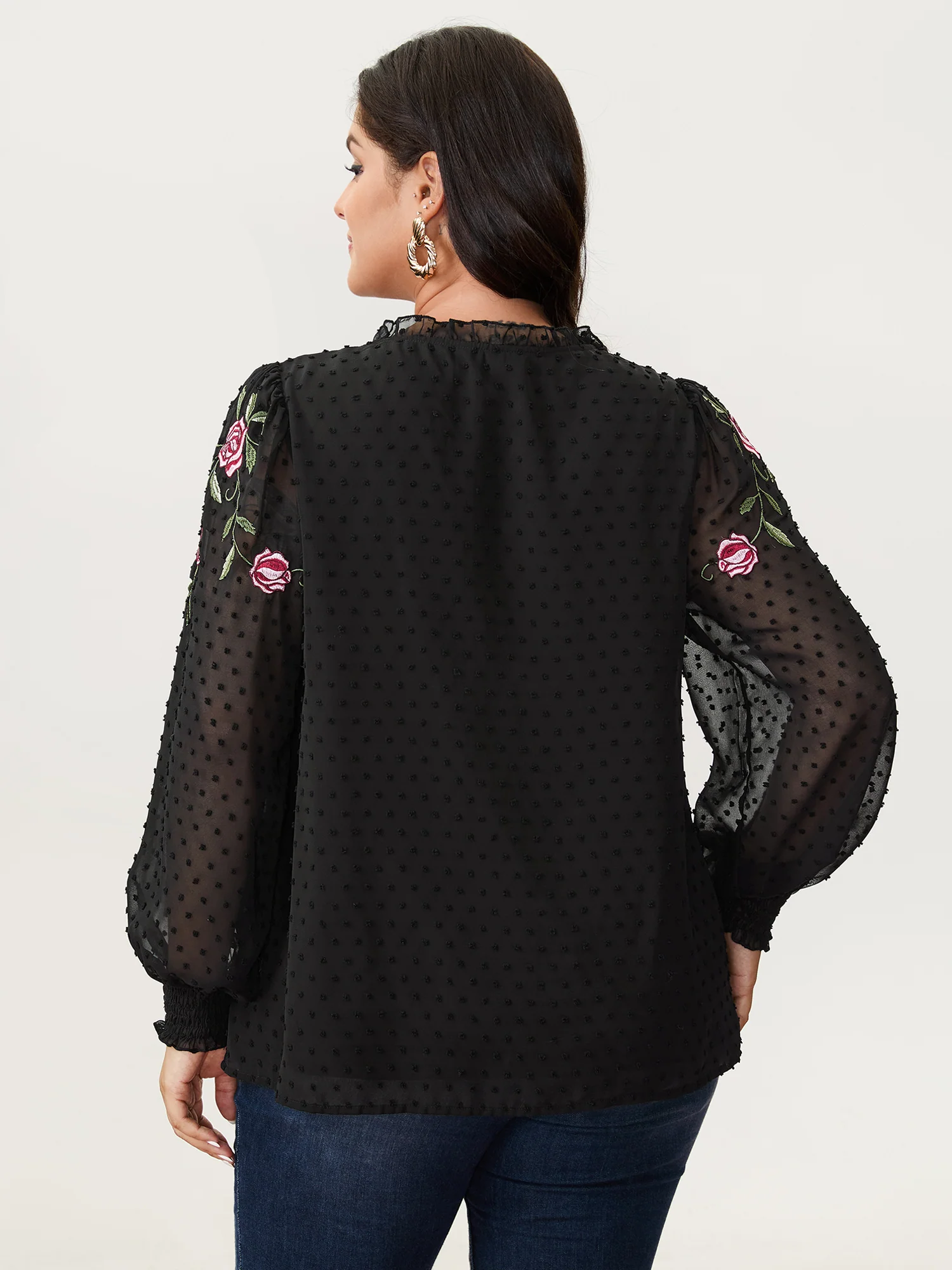 Rose Embroidered Textured Sheer Blouse - Image 4
