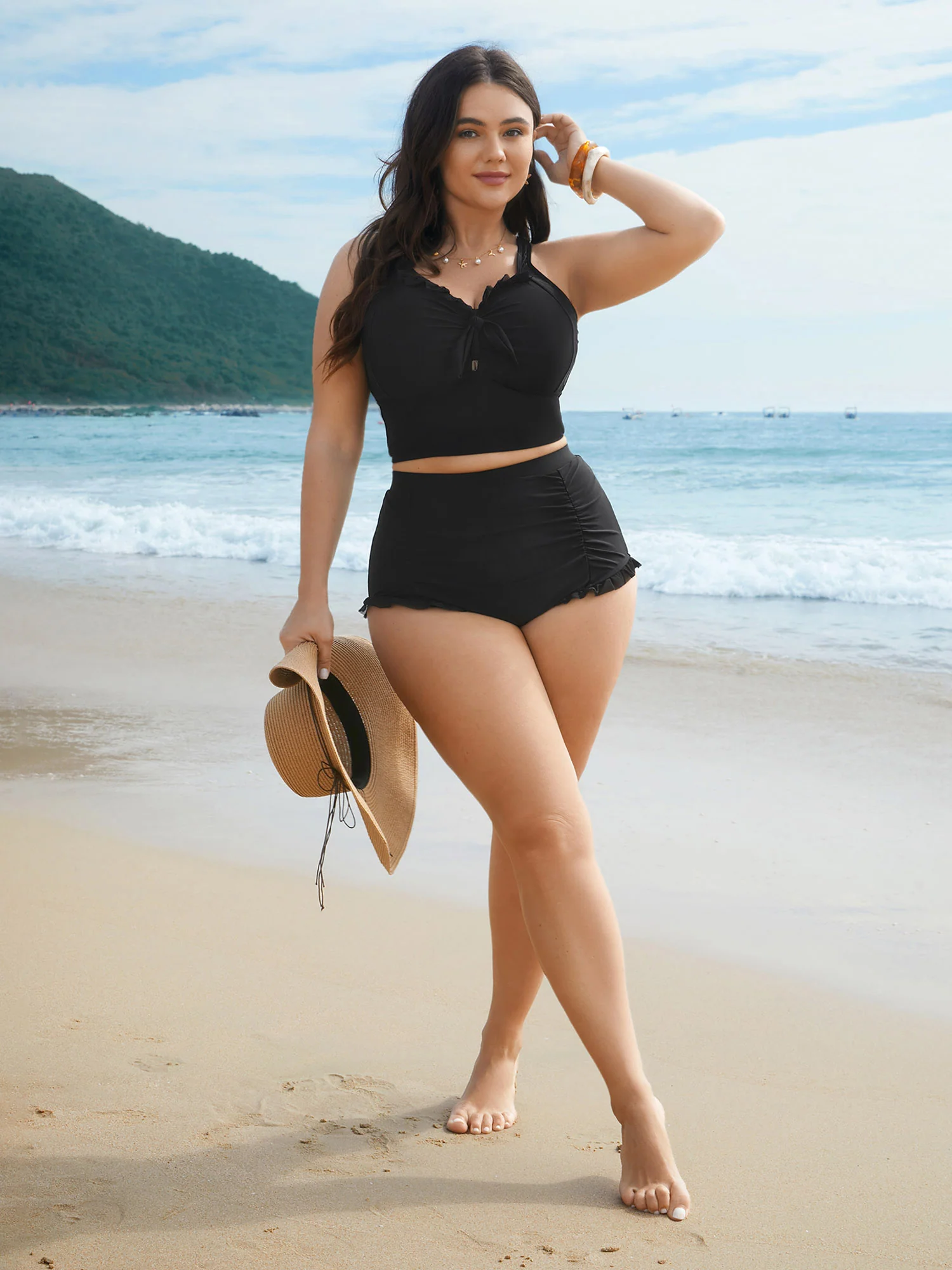 Ruched Mesh Seamed Ruffle Trim Bikini Bottoms - Image 5