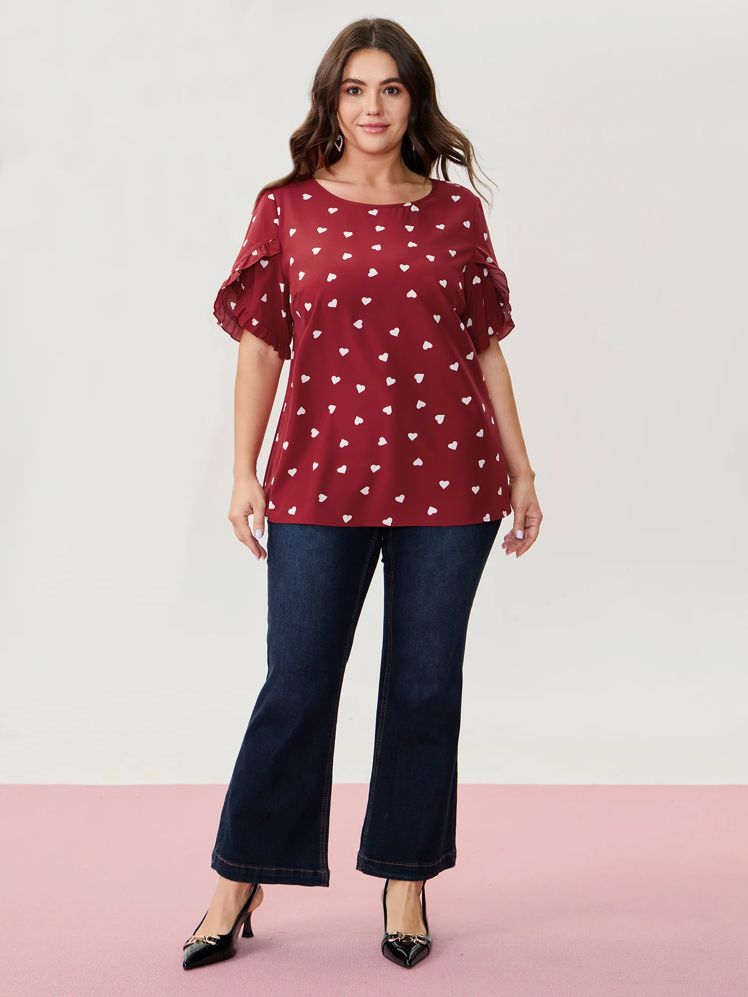 Ruffled Overlap Sleeve Heart Pattern Blouse - Image 2