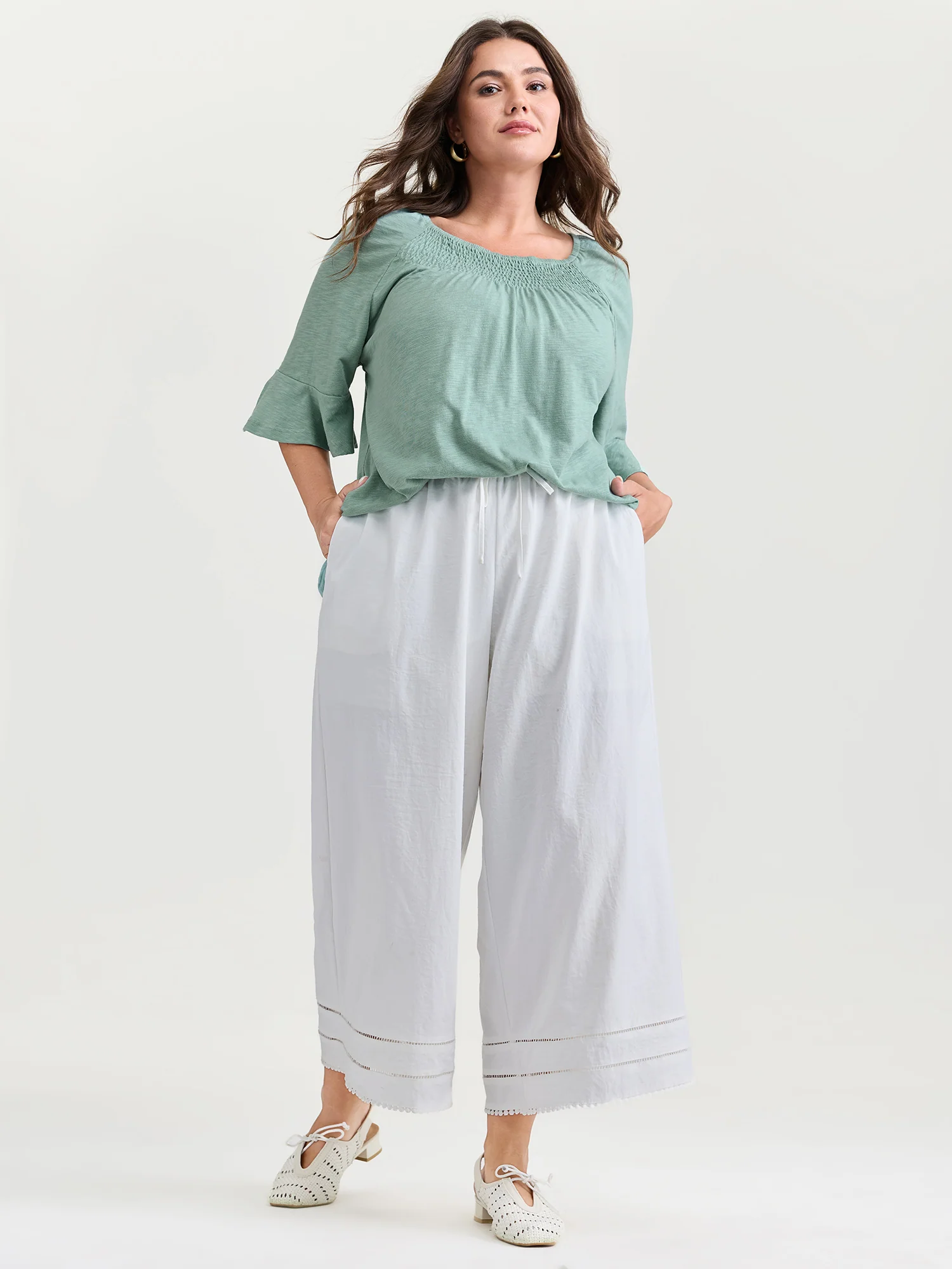 Ruffled Sleeve Shirred Neckline Plain Top - Image 3