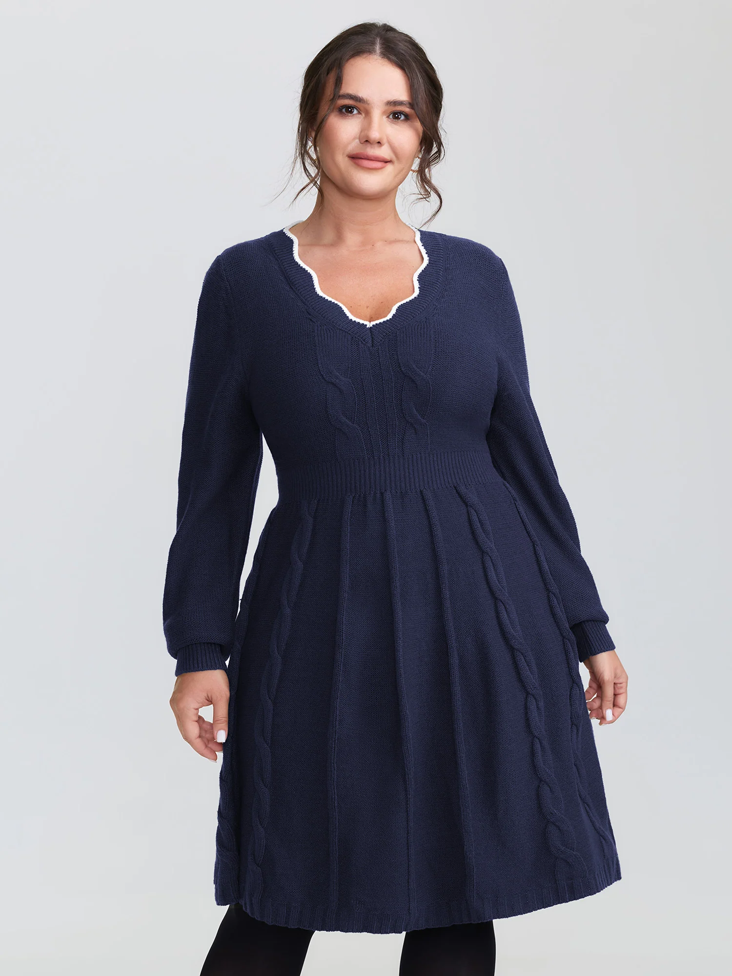 Scalloped V-Neck Fit and Flare Sweater Dress - Image 8