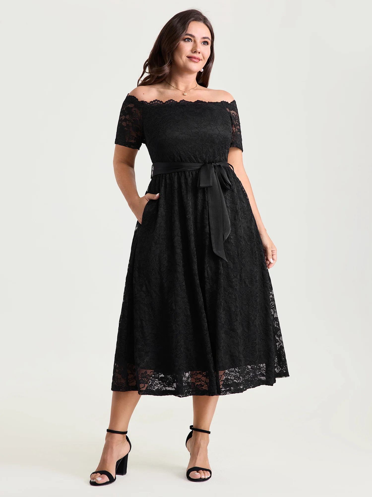 Sensational Lace Stretchy Waist Tie Midi Dress