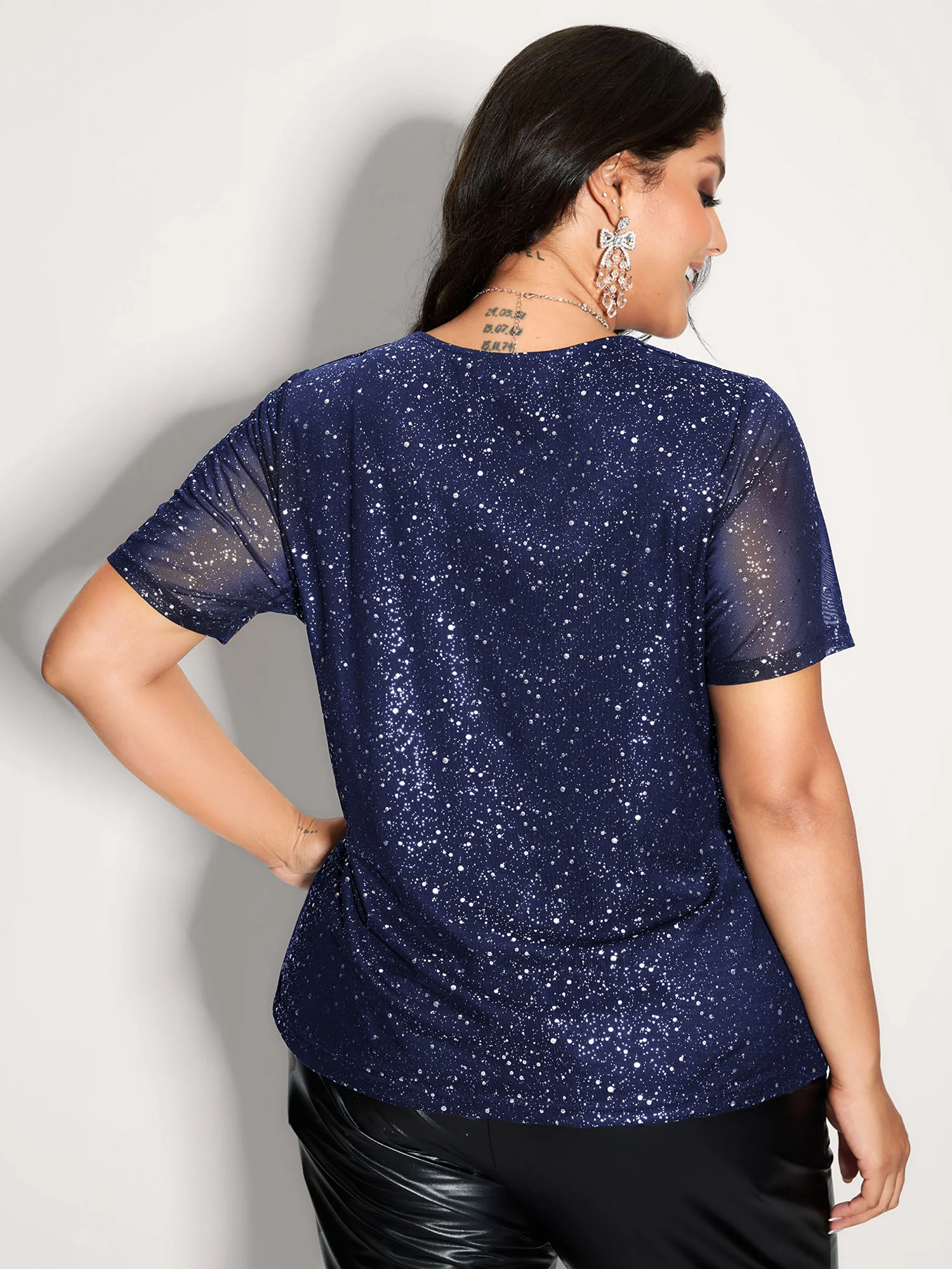 Shimmery Wrap Neck Sheer Sleeve T-Shirt - Image 10