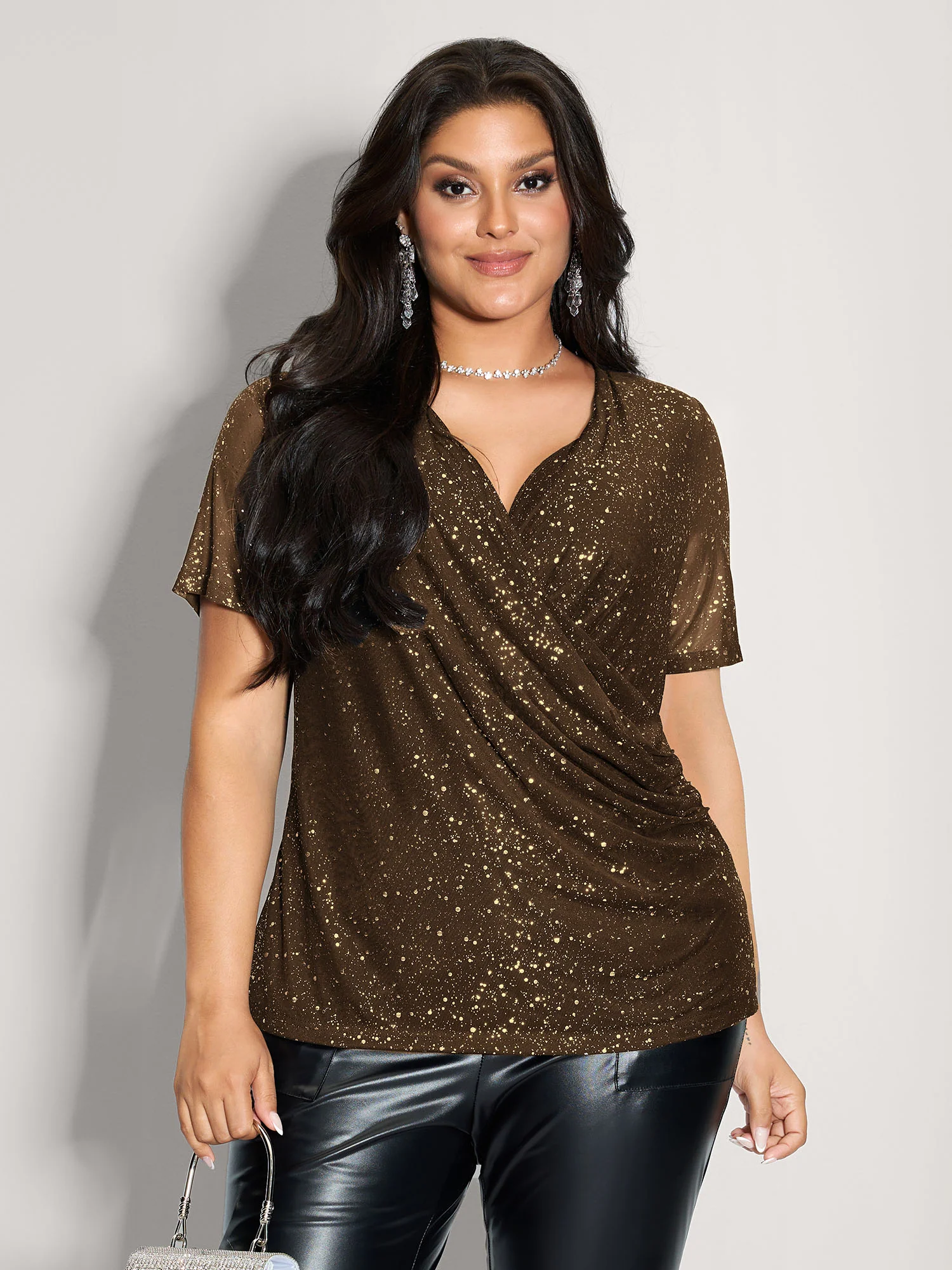Shimmery Wrap Neck Sheer Sleeve T-Shirt - Image 15
