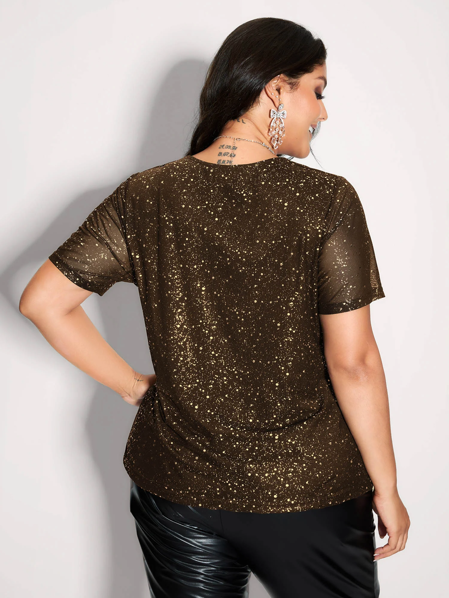Shimmery Wrap Neck Sheer Sleeve T-Shirt - Image 18