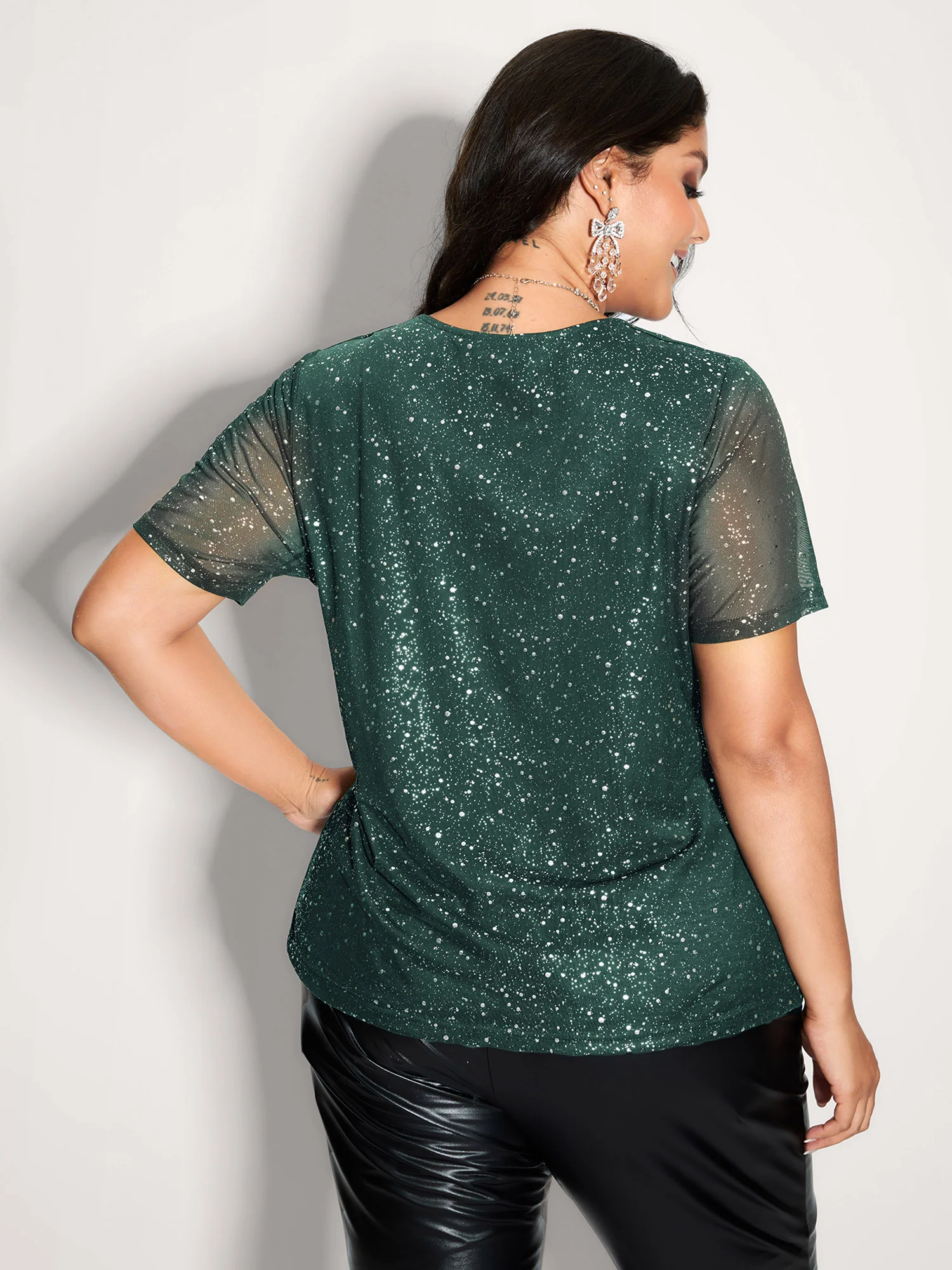 Shimmery Wrap Neck Sheer Sleeve T-Shirt - Image 22