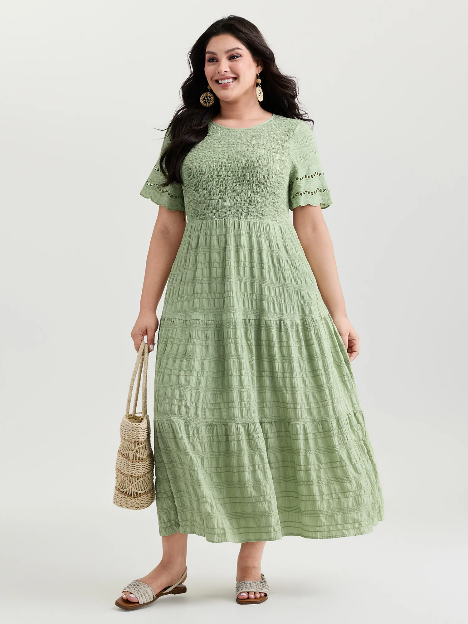 Shirred Lace Flounce Sleeve Tiered Maxi Dress