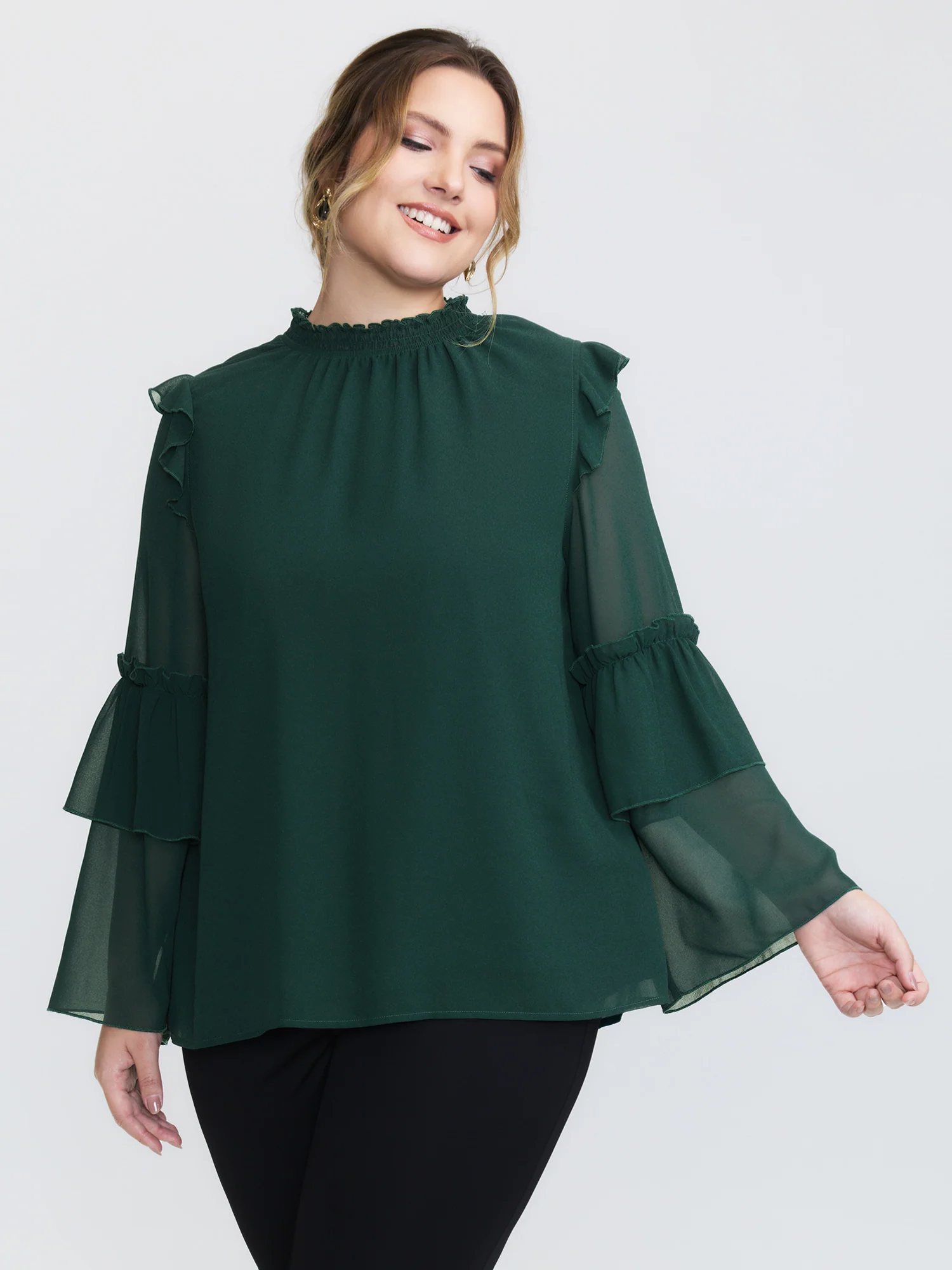 Shirred Layered Ruffled Sheer Sleeve Blouse - Image 3
