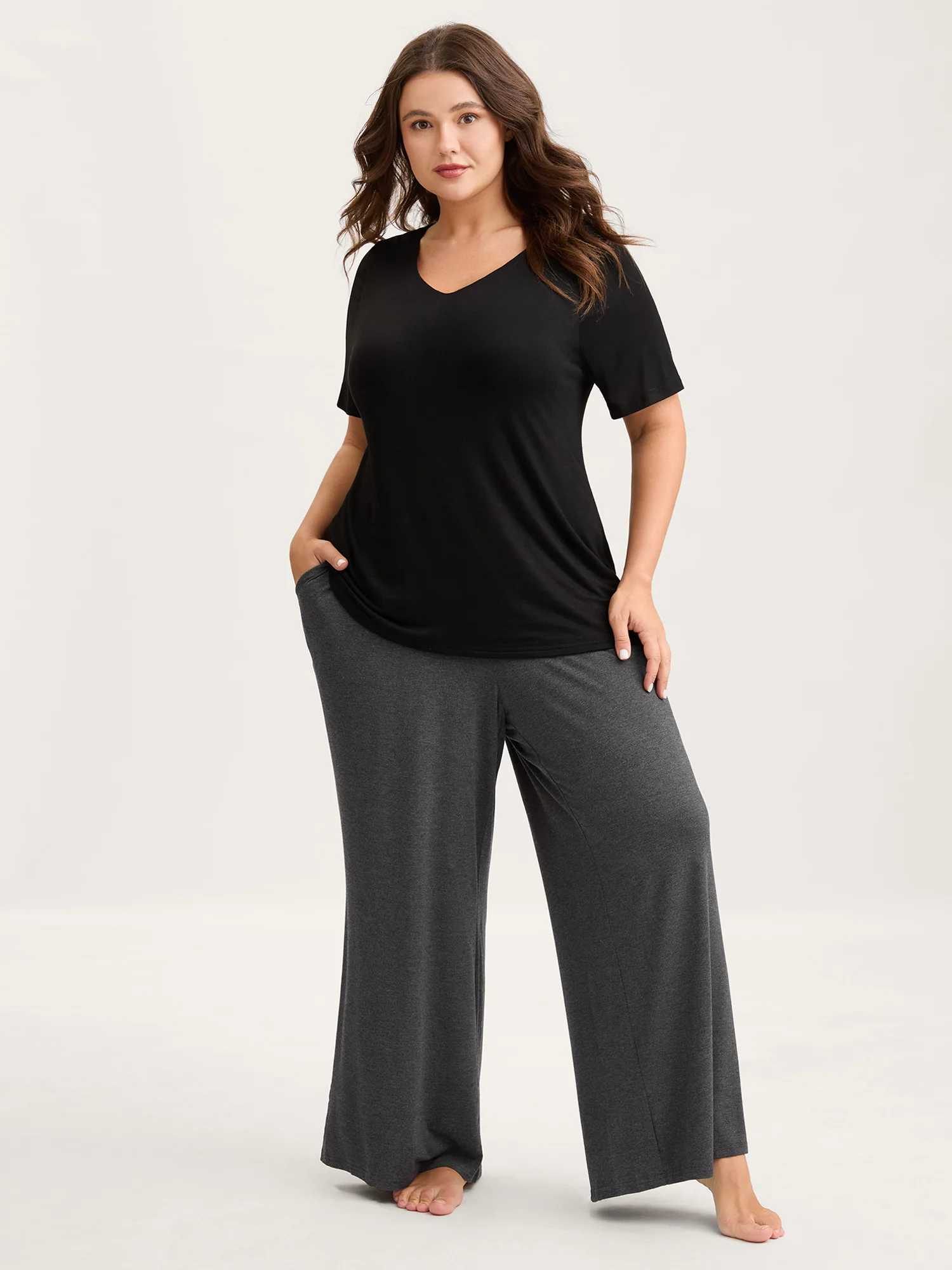 Solid Elastic Waist Wide Leg Lounge Bottoms - Image 9