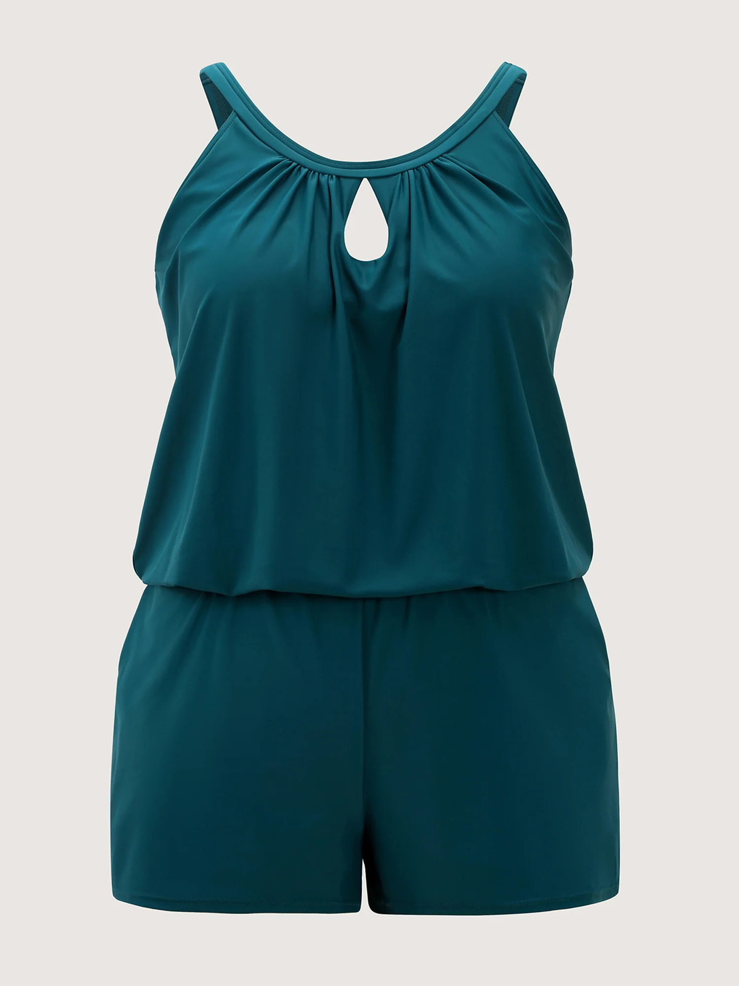 Solid Keyhole Elastic Waist Gathered One Piece Swimsuit - Image 25