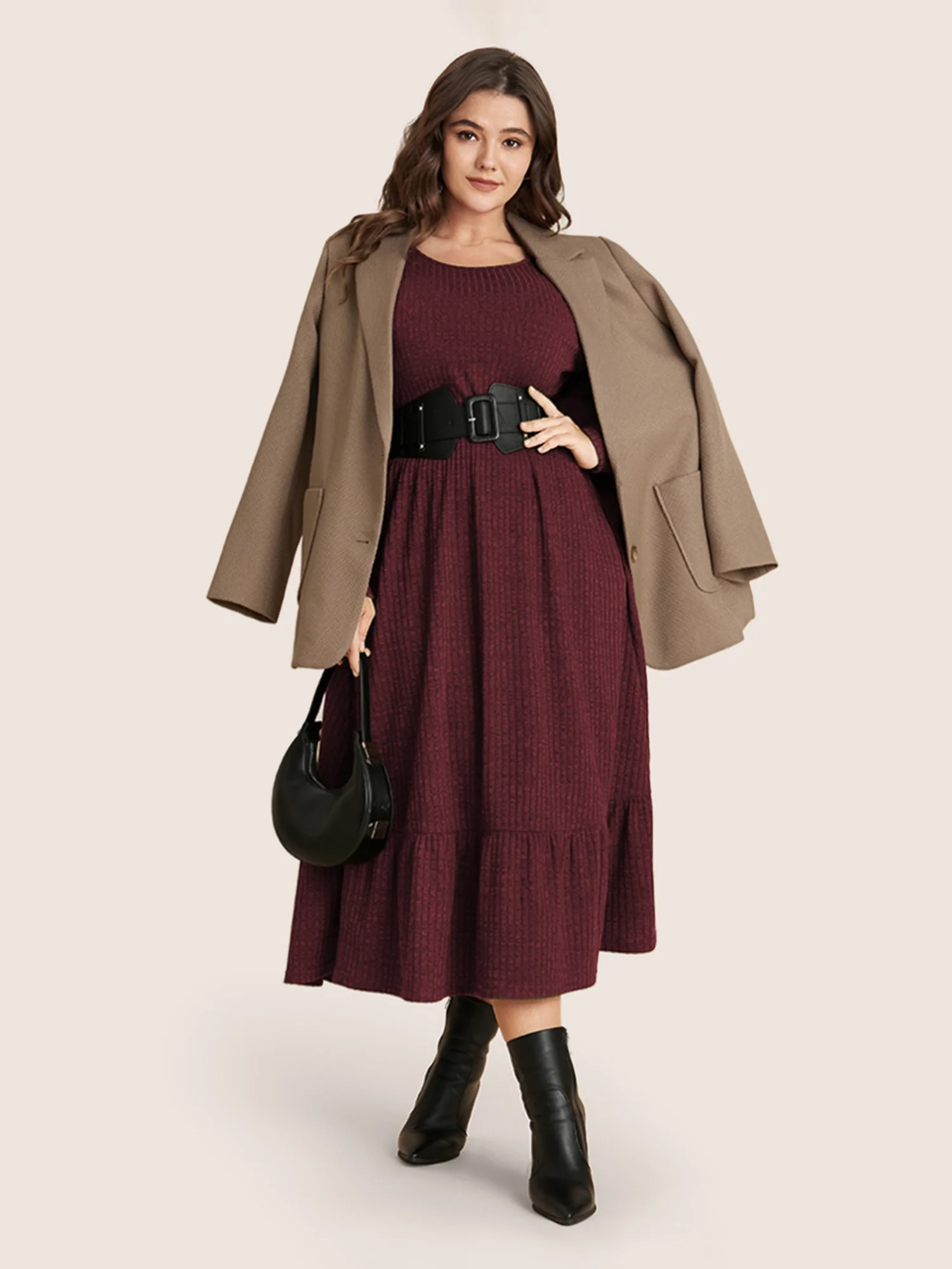 Solid Pocket Rib Knit Ruffle Hem Dress Without Belt - Image 18