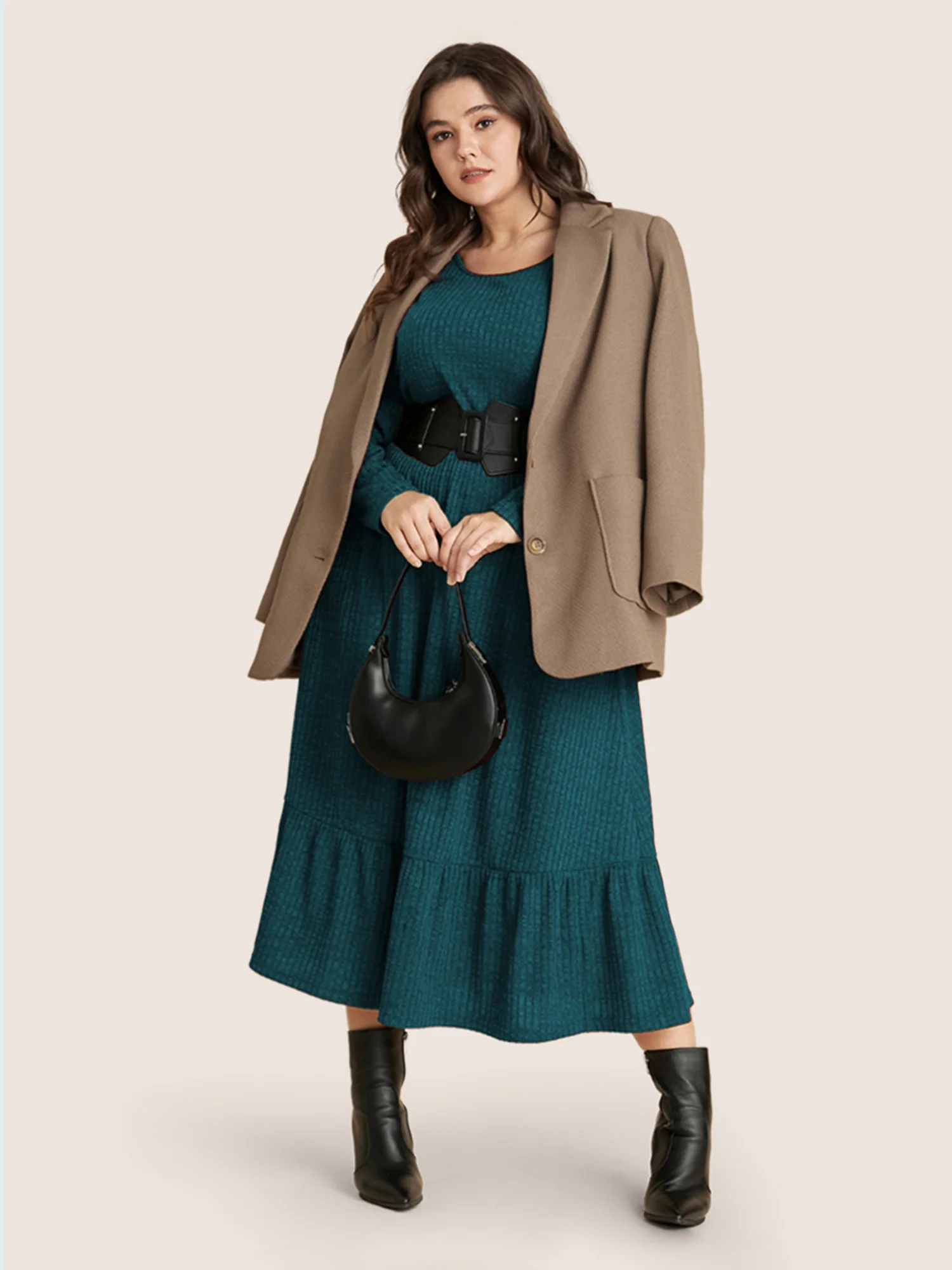 Solid Pocket Rib Knit Ruffle Hem Dress Without Belt - Image 3