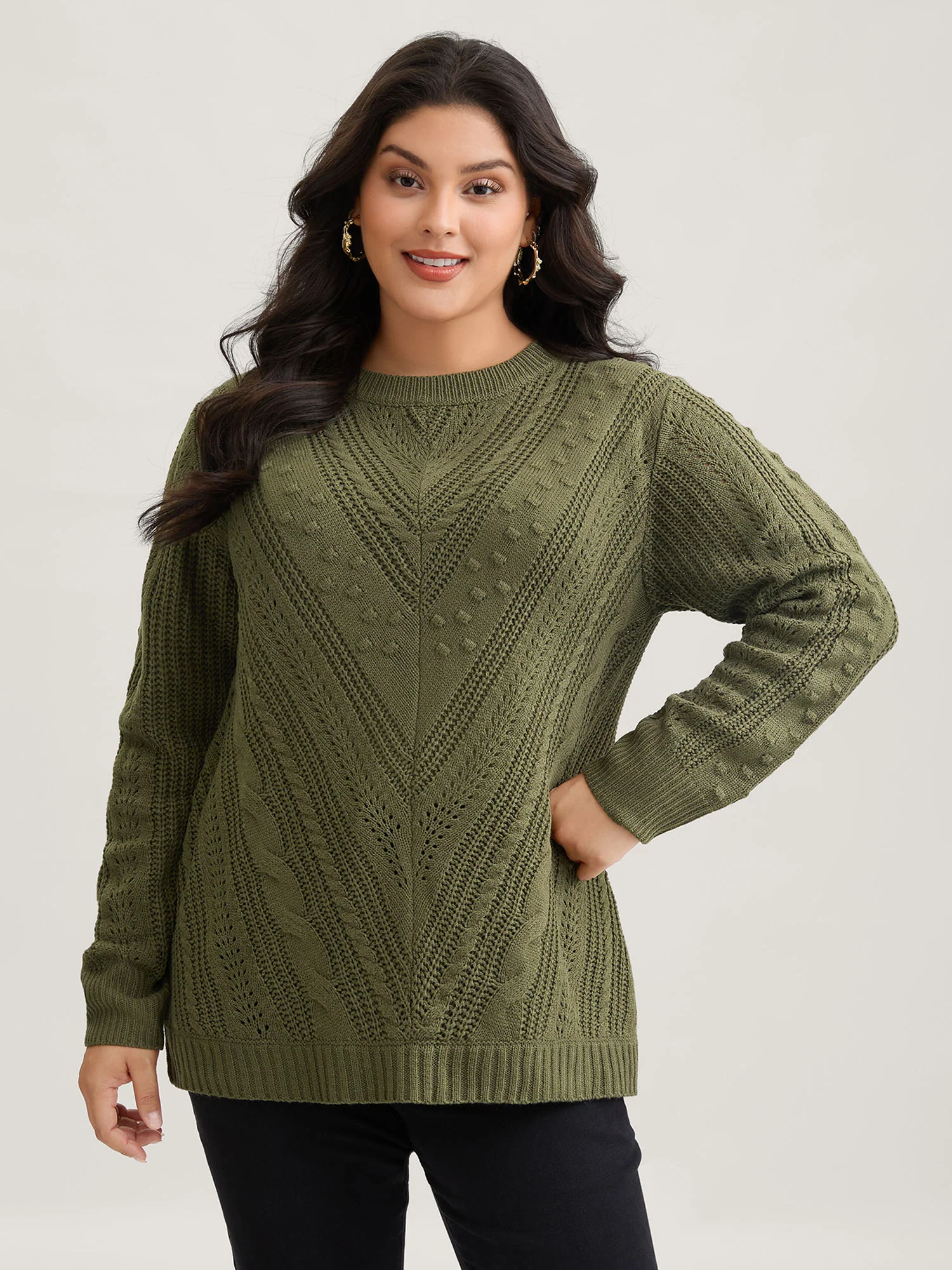 Solid Round Neck Cable Knit Pullover - Image 2