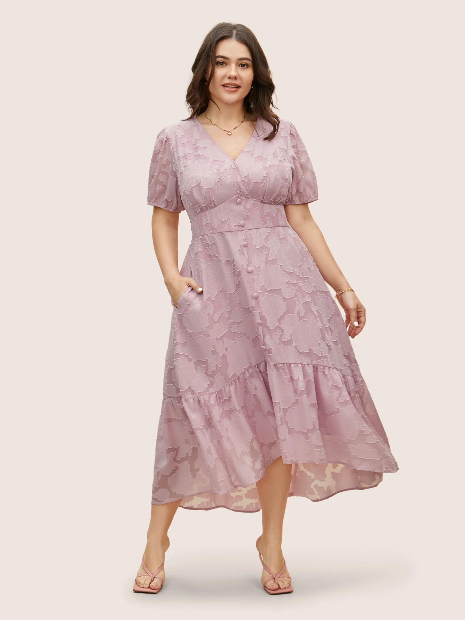 Solid Textured Lantern Sleeve Button Detail Dress - Image 3