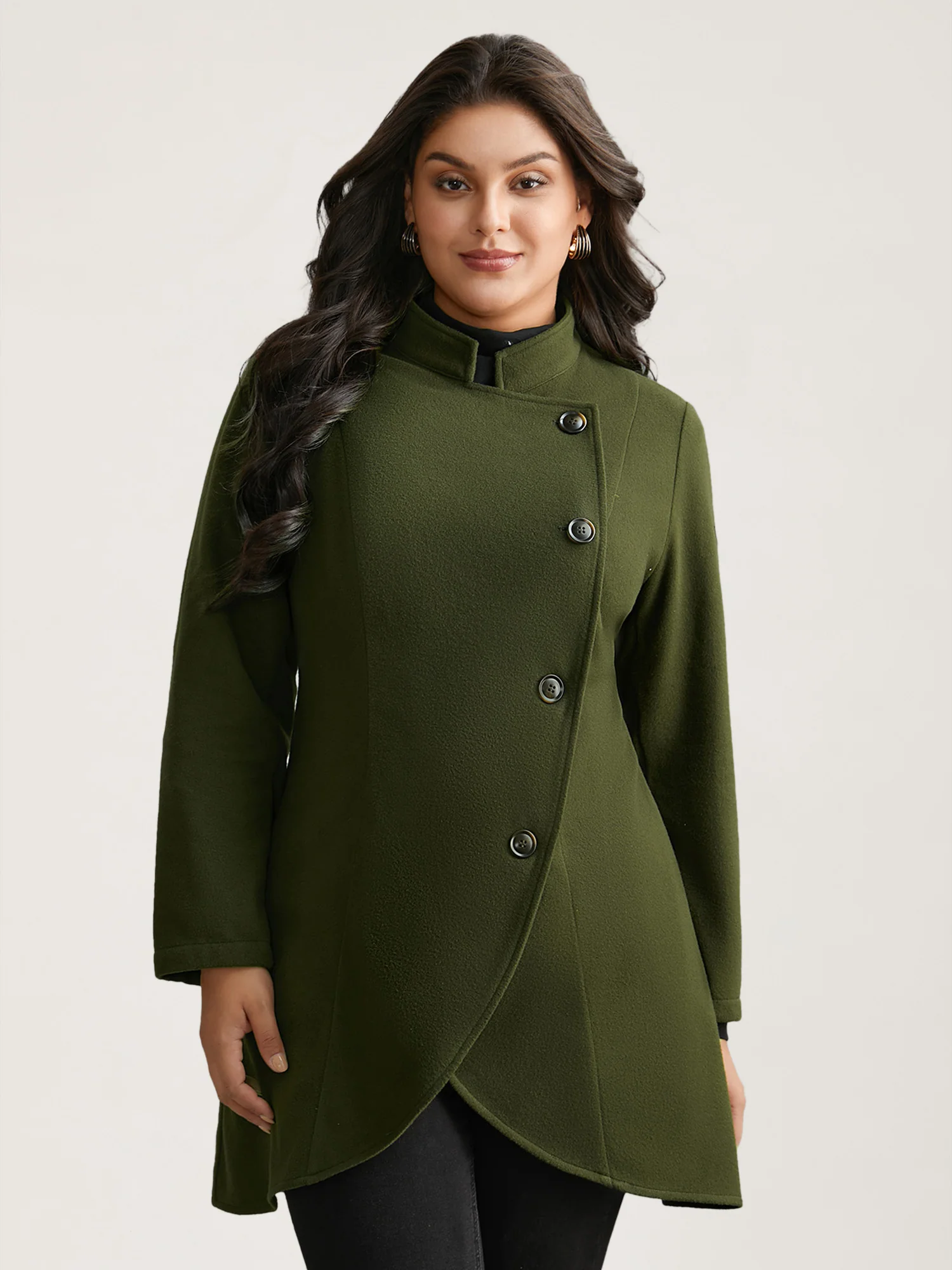 Solid Wrap Button Up Asymmetrical Hem Coat - Image 2