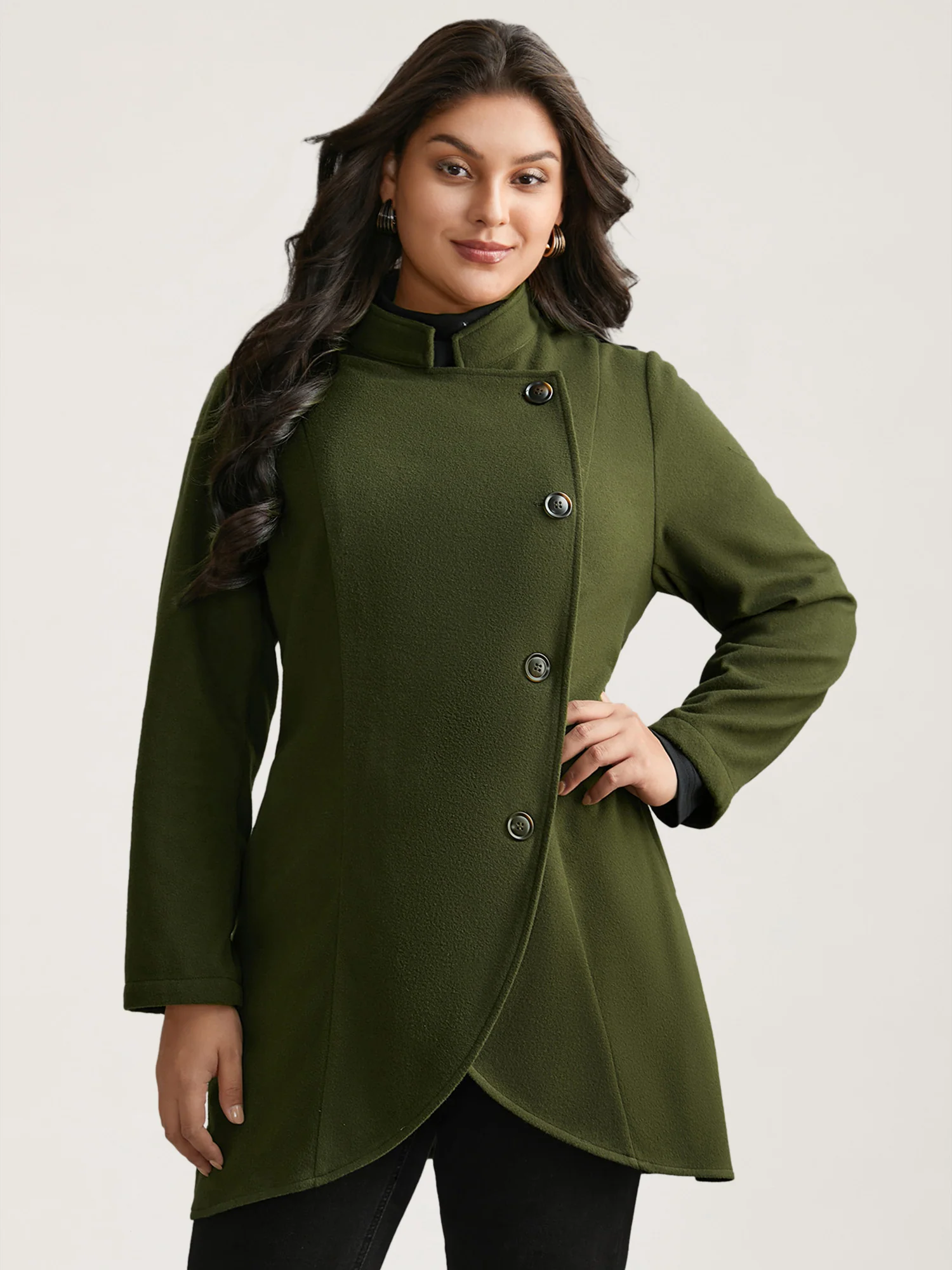 Solid Wrap Button Up Asymmetrical Hem Coat - Image 4